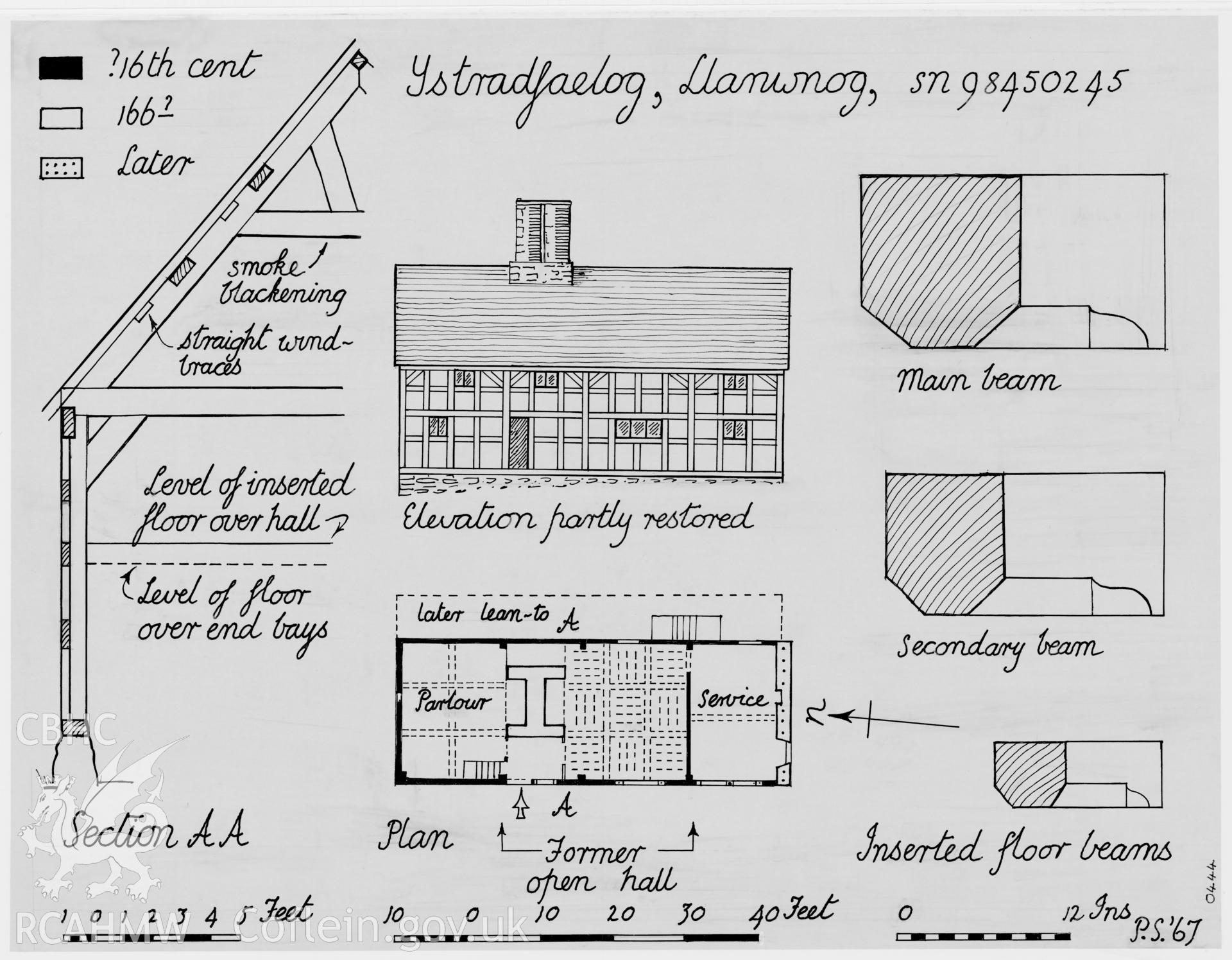 Digital copy of a measured drawing showing plan, section and elevation drawing of Ystrad Faelog, Llanwnog produced by Peter Smith 1967.