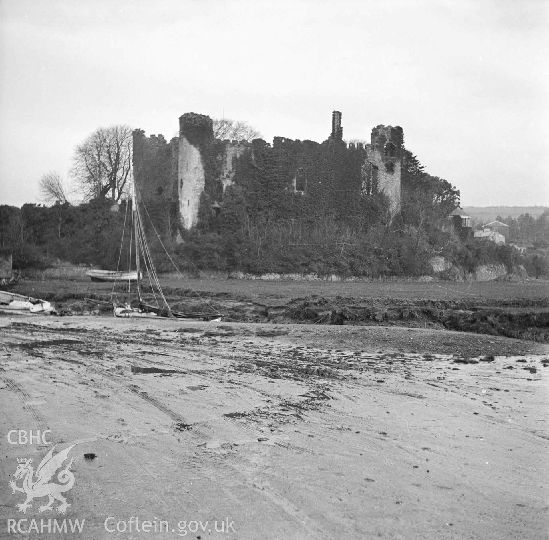 Digital copy of a nitrate negative showing exterior view of Laugharne Castle.