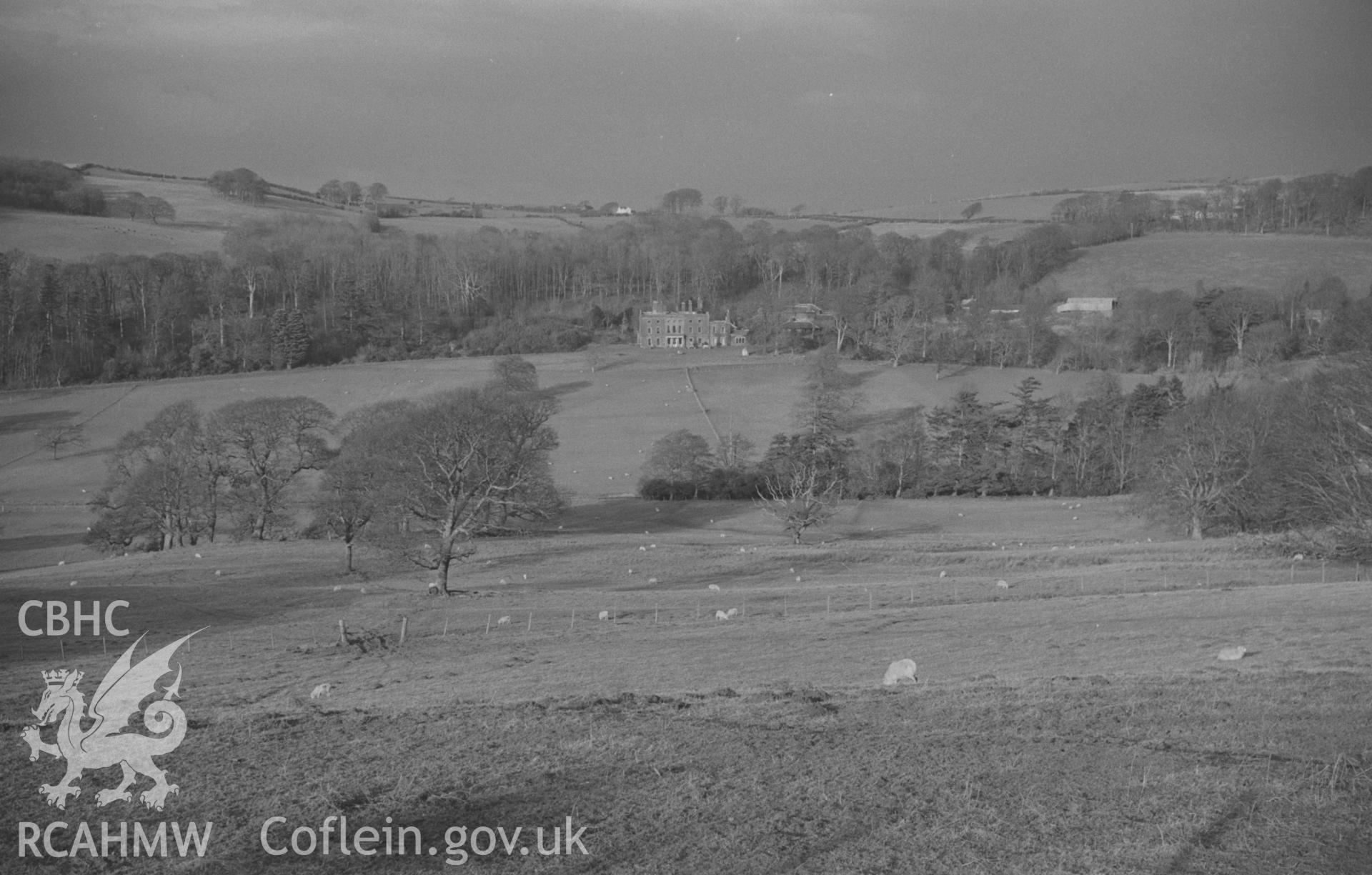 Digital copy of a black and white negative showing Nanteos mansion and grounds, Llanfarian, Aberystwyth. Photographed by Arthur O. Chater on 24th January 1968, looking north from the New Cross Road at Grid Reference SN 620 779.