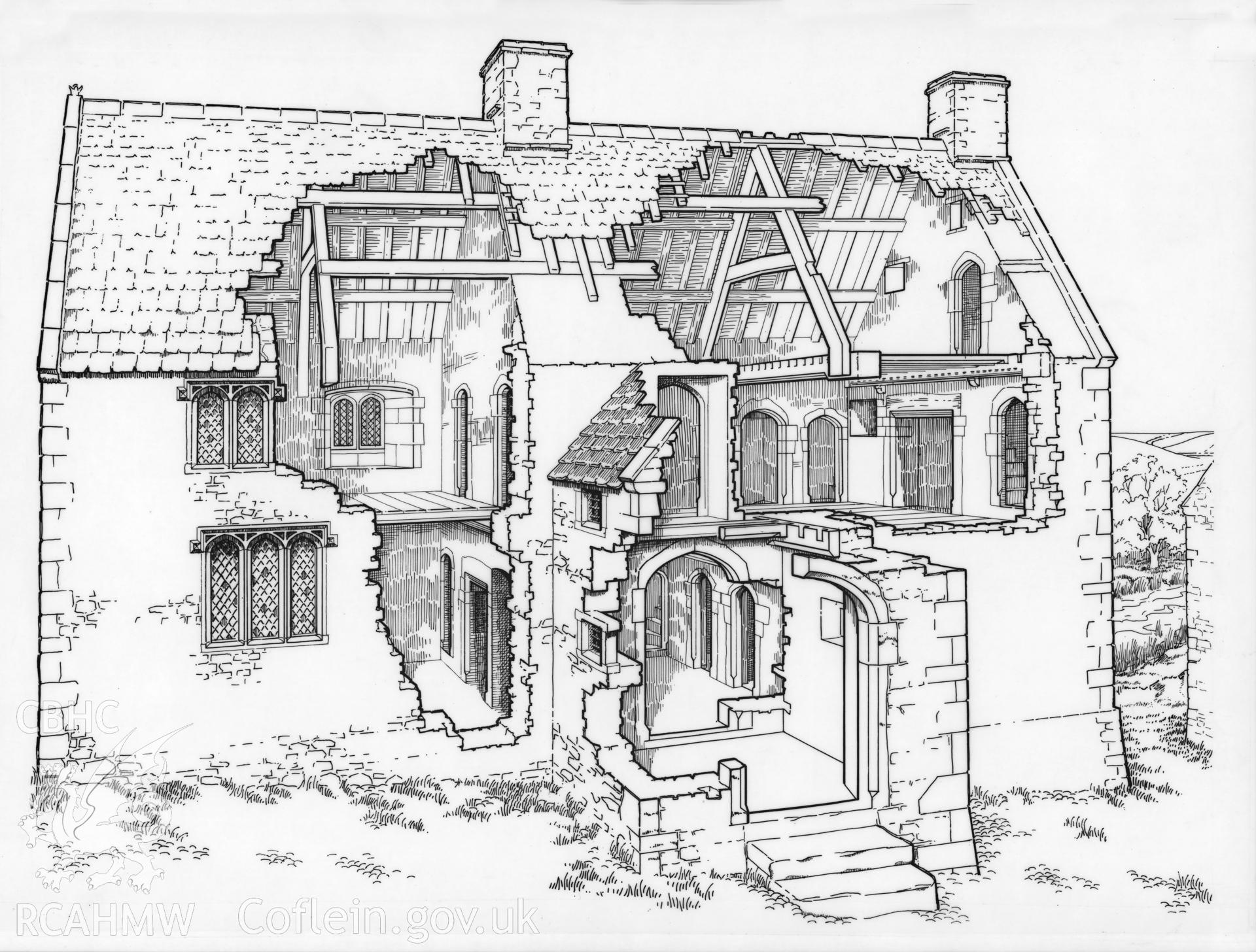 Digital copy of RCAHMW drawing showing cutaway drawing of Bridgend Hospice, as published in Glamorgan Farmhouses and Cottages fig no B41