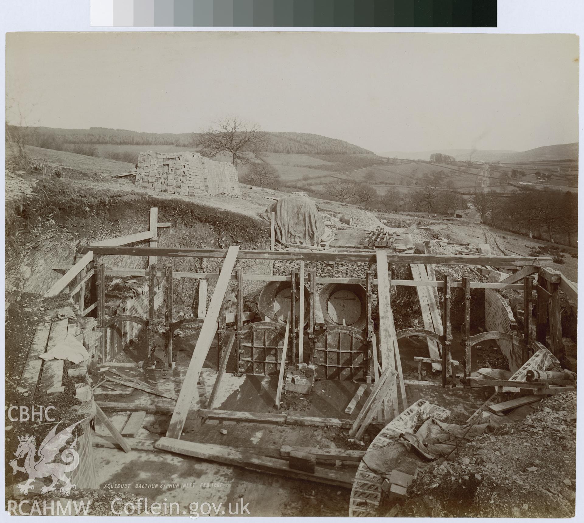 Digital copy of an albumen print from Edward Hubbard Collection showing inlet at Caethon Syphon Aqueduct, taken February 1897.