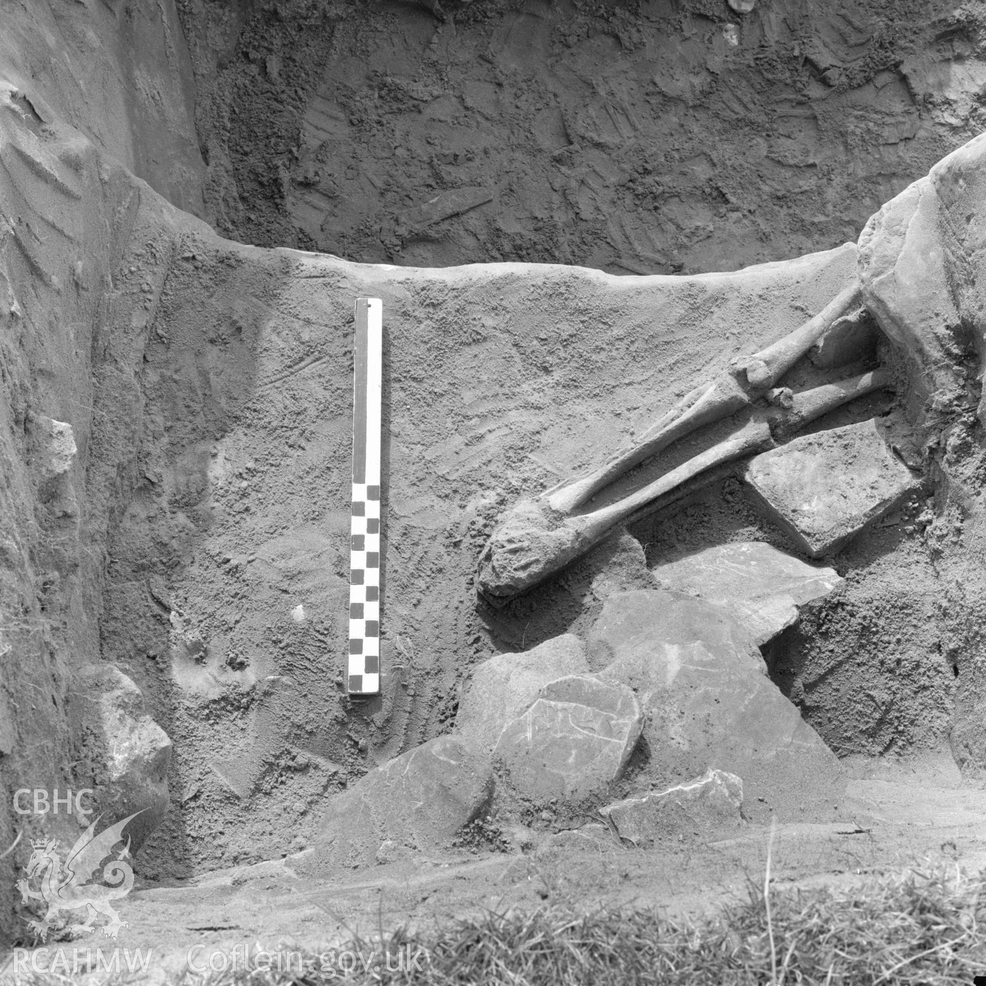 Digital copy of a black and white negative showing excavation at St. Patrick's Chapel, Whitesands Bay, Pembrokeshire taken February 1970.