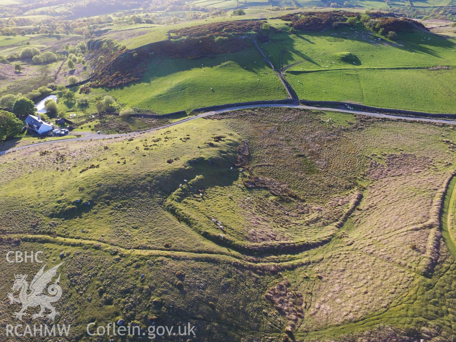 Colour photo showing aerial view of settlement features east of Pant-y-Rhiw, taken by Paul R. Davis, 14th May 2018.