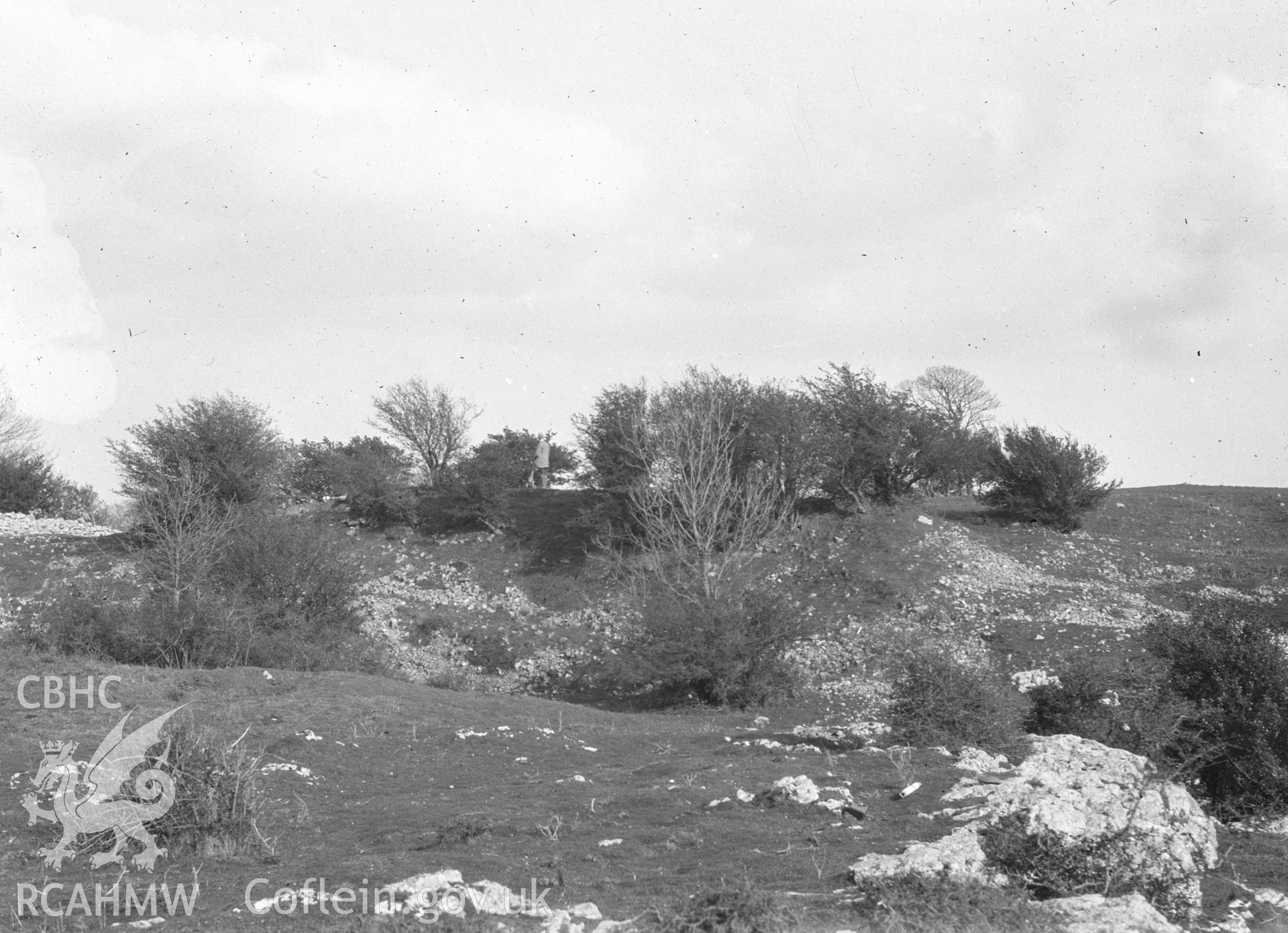 Digital copy of a nitrate negative showing Blaen-y-Cwm Tumulus, Llansannan. From the Cadw Monuments in Care Collection.