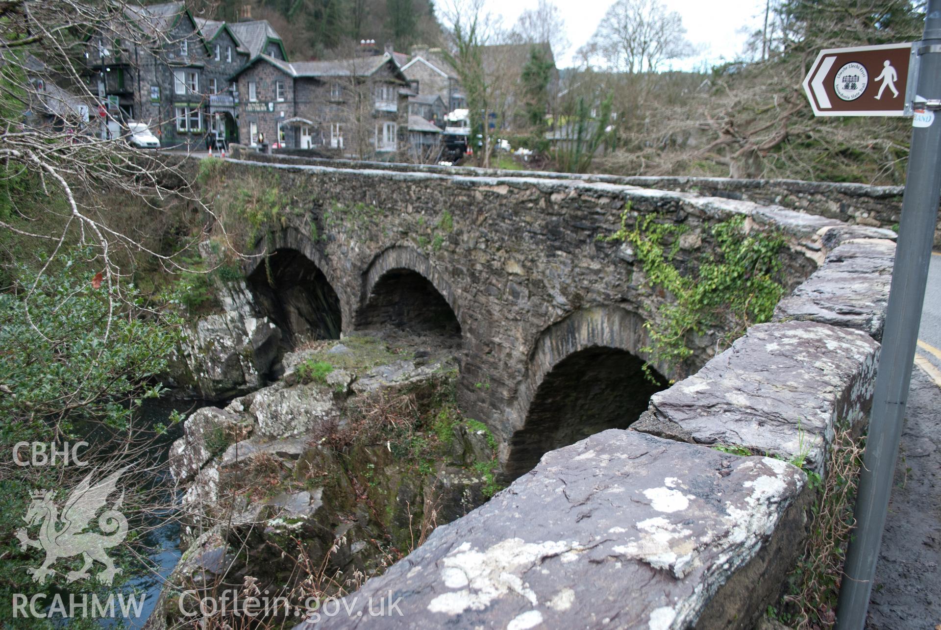 General view from the east north east of Pont y Pair. Digital photograph taken for Archaeological Watching Brief at Pont y Pair, Betws y Coed, 2019. Gwynedd Archaeological Trust Project ref G2587.