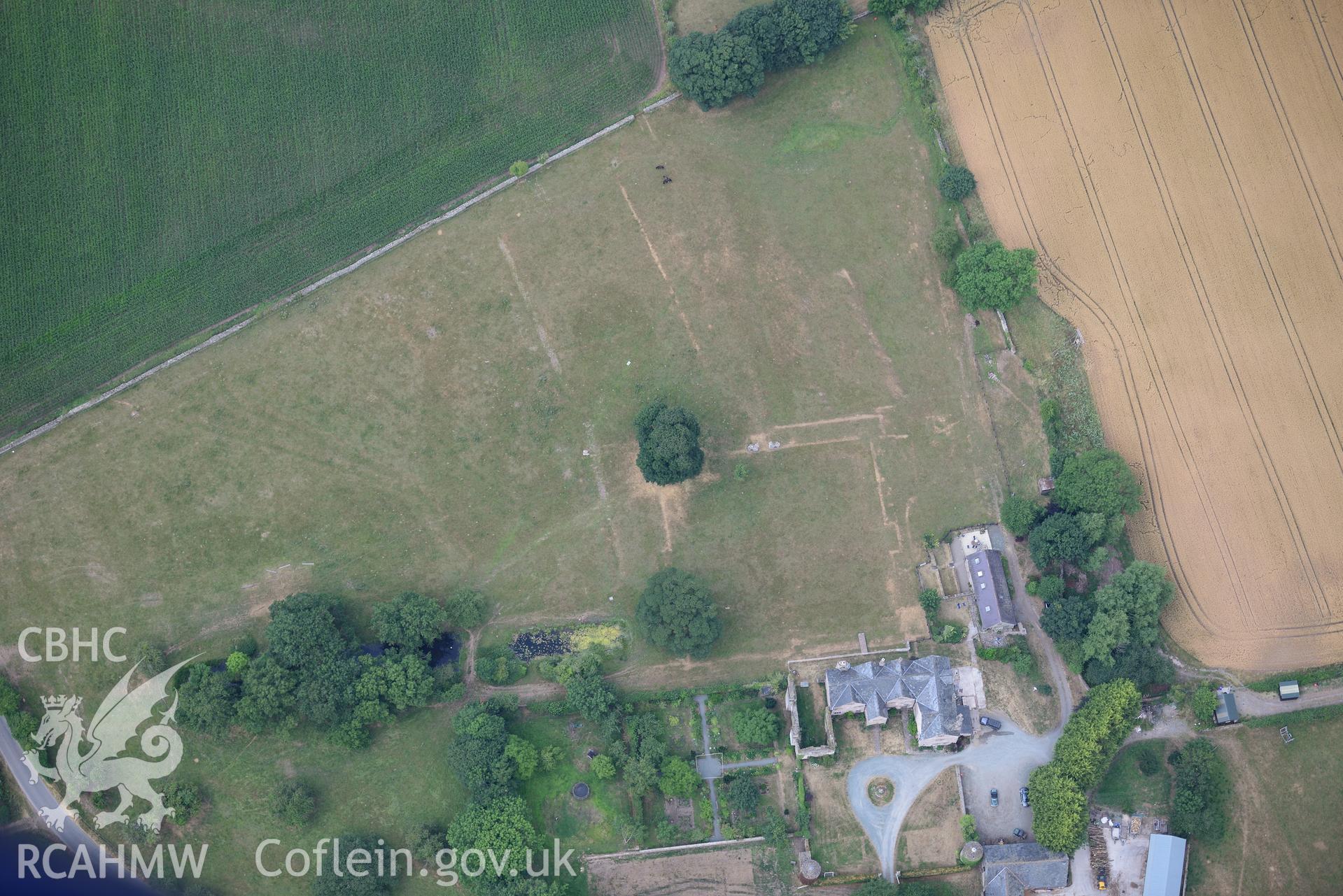 Royal Commission aerial photography of Old Gwernyfed, with parchmarks, taken on 19th July 2018 during the 2018 drought.