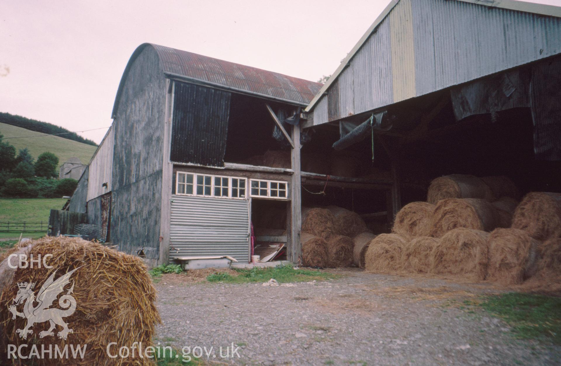 Digital copy of a colour slide showing an exterior view of Pilleth Court Farm Building.