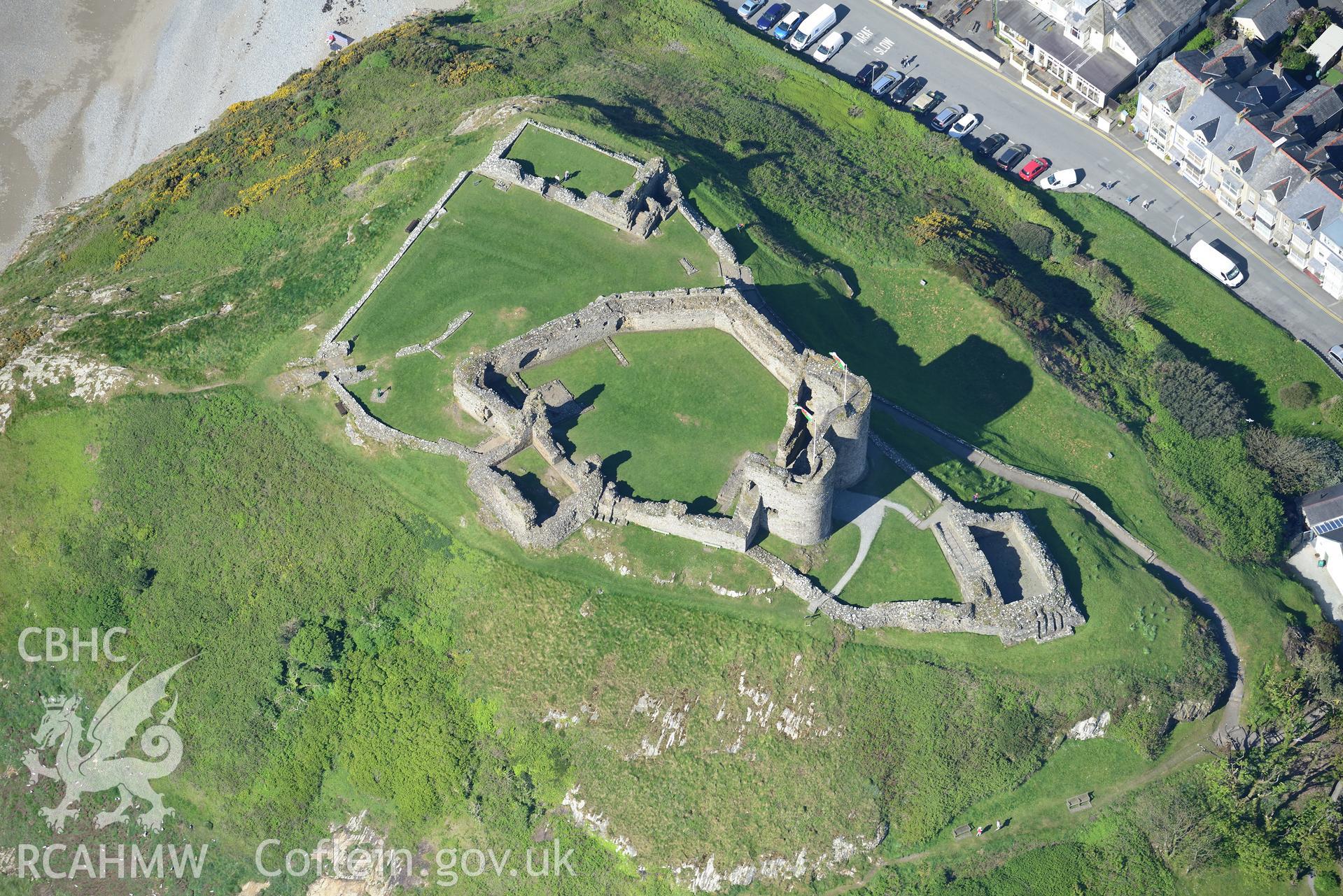 Aerial photography of Criccieth and its castle taken on 3rd May 2017.  Baseline aerial reconnaissance survey for the CHERISH Project. ? Crown: CHERISH PROJECT 2017. Produced with EU funds through the Ireland Wales Co-operation Programme 2014-2020. All ma