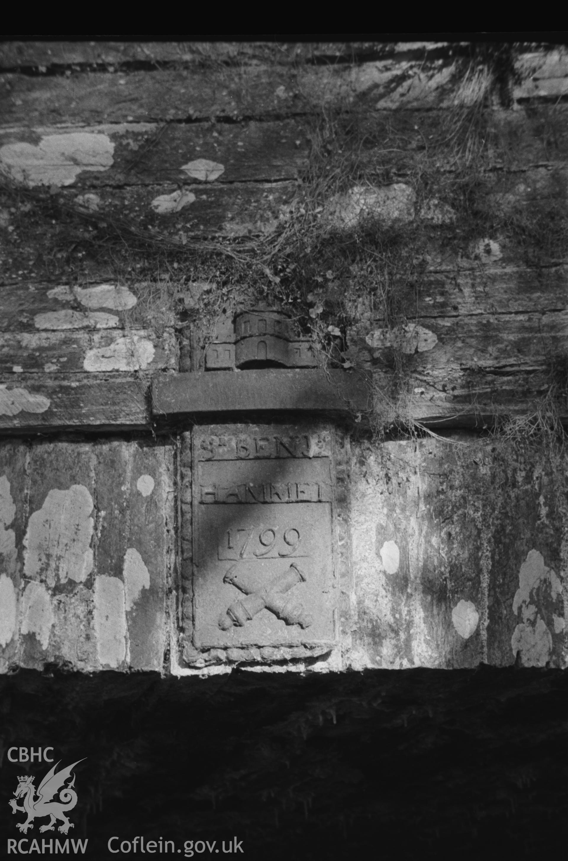 Digital copy of a black and white negative showing plaque 'Sr Benj Hammet 1799' on Castell Malgwyn bridge, Llechryd, south east of Cardigan. Photographed by Arthur O. Chater in September 1964.