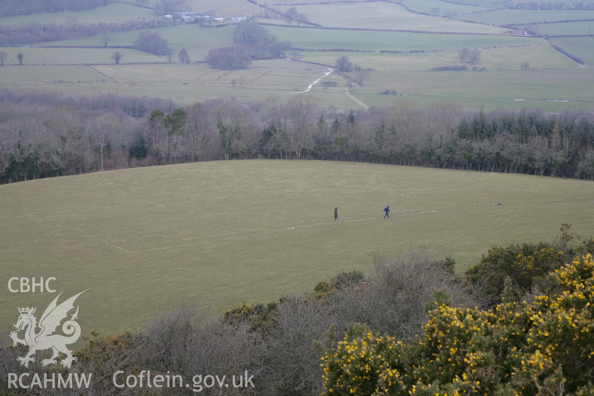 Geophysical (gradiometry) survey of Pen y Castell defended enclosure by ArchaeoPhysica LTD, conducted on 27th March 2013.