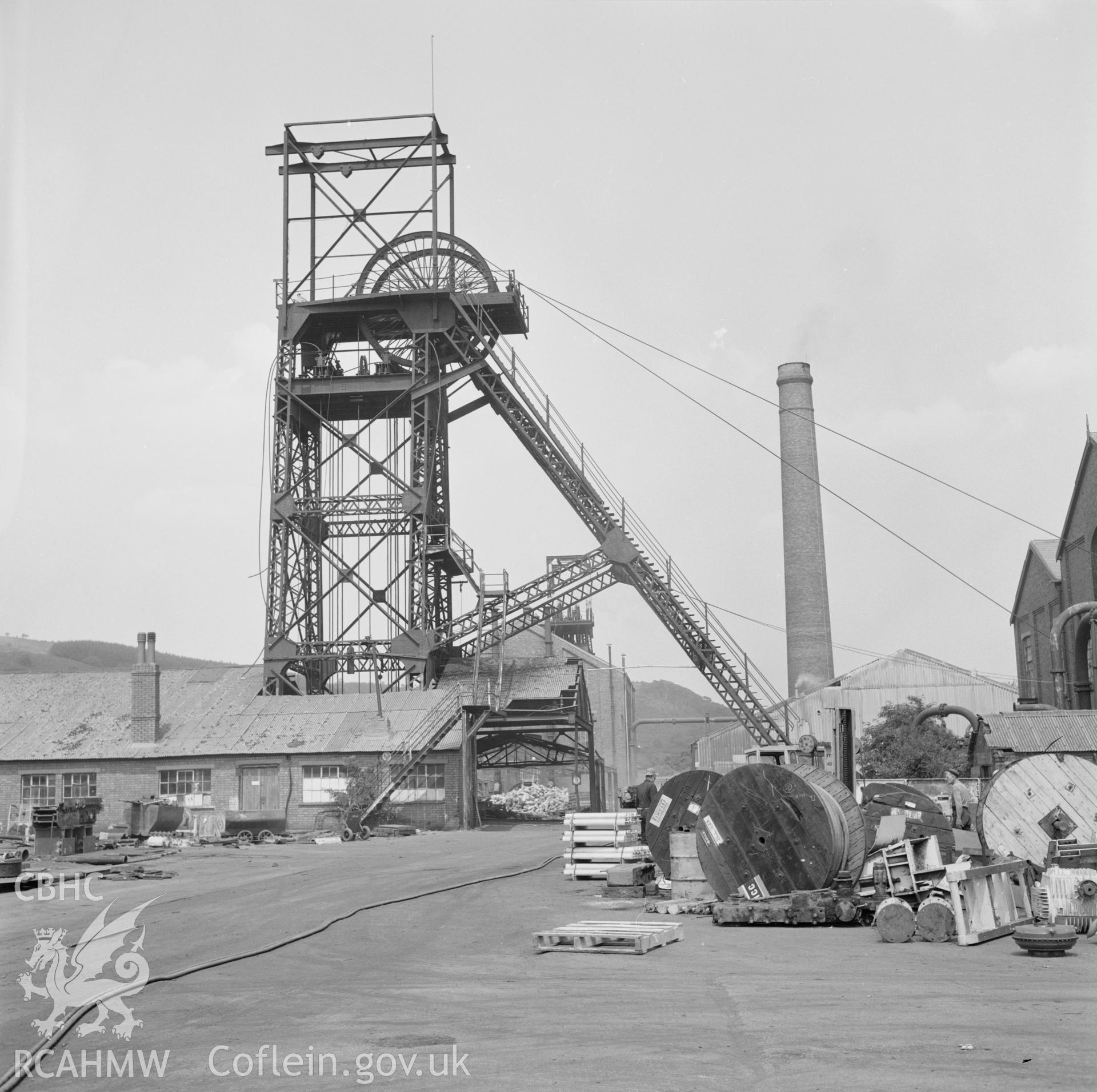 Digital copy of an acetate negative showing headframe at Cefncoed Colliery, from the John Cornwell Collection.