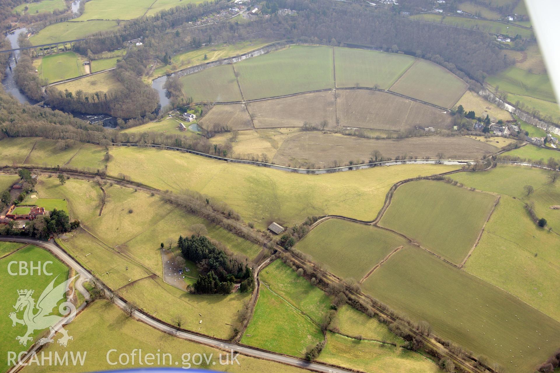 Llangollen Canal, Pontcysyllte Aqueduct and Bryn-Oerog garden, Llangollen. Oblique aerial photograph taken during the Royal Commission?s programme of archaeological aerial reconnaissance by Toby Driver on 28th February 2013.