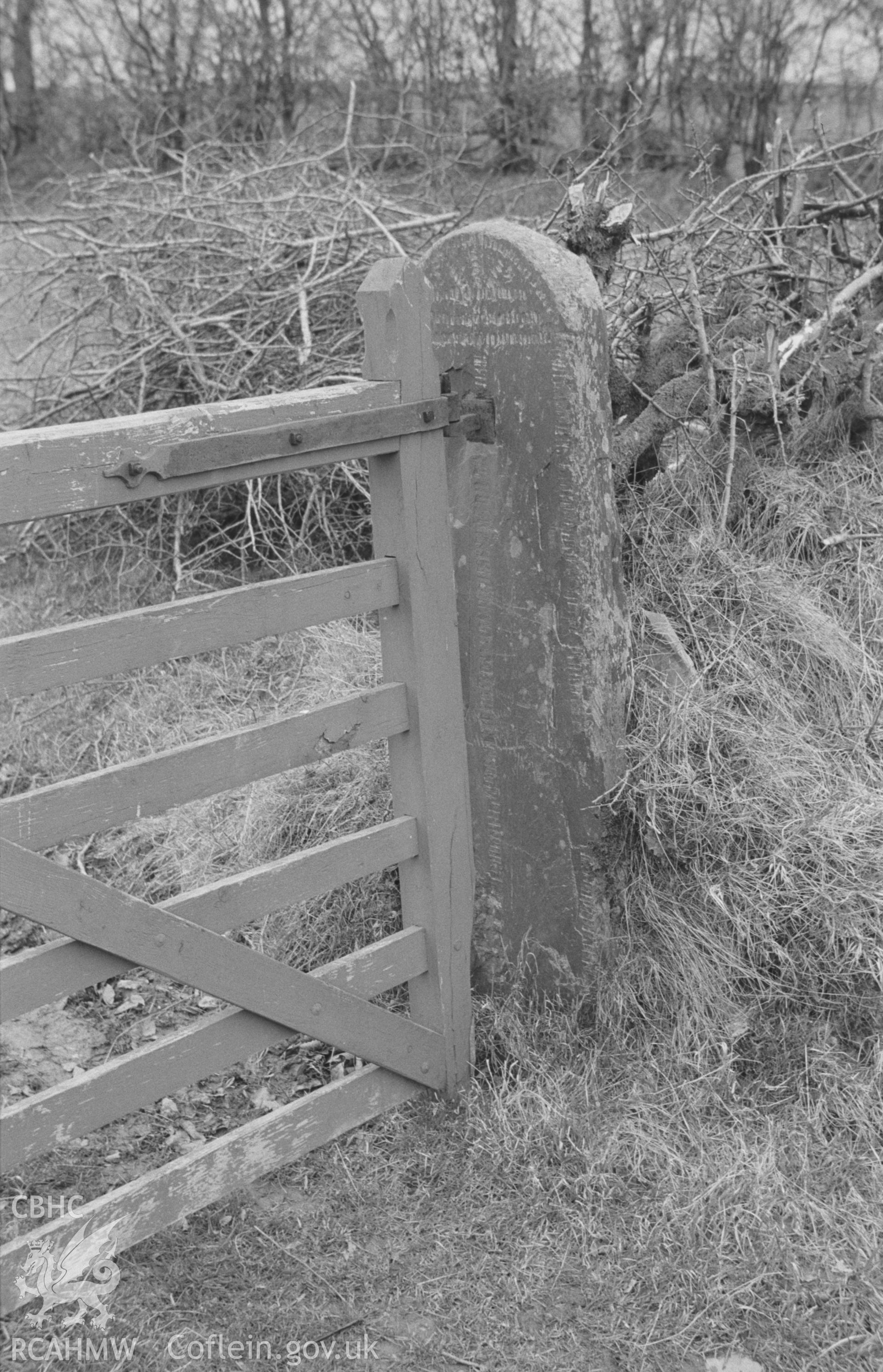 Digital copy of a black and white negative showing view of decorated stone gate-post by Egair Hendy farm, Blaenpennal. Photographed in March 1964 by Arthur O. Chater from Grid Reference c. SN 635 640.