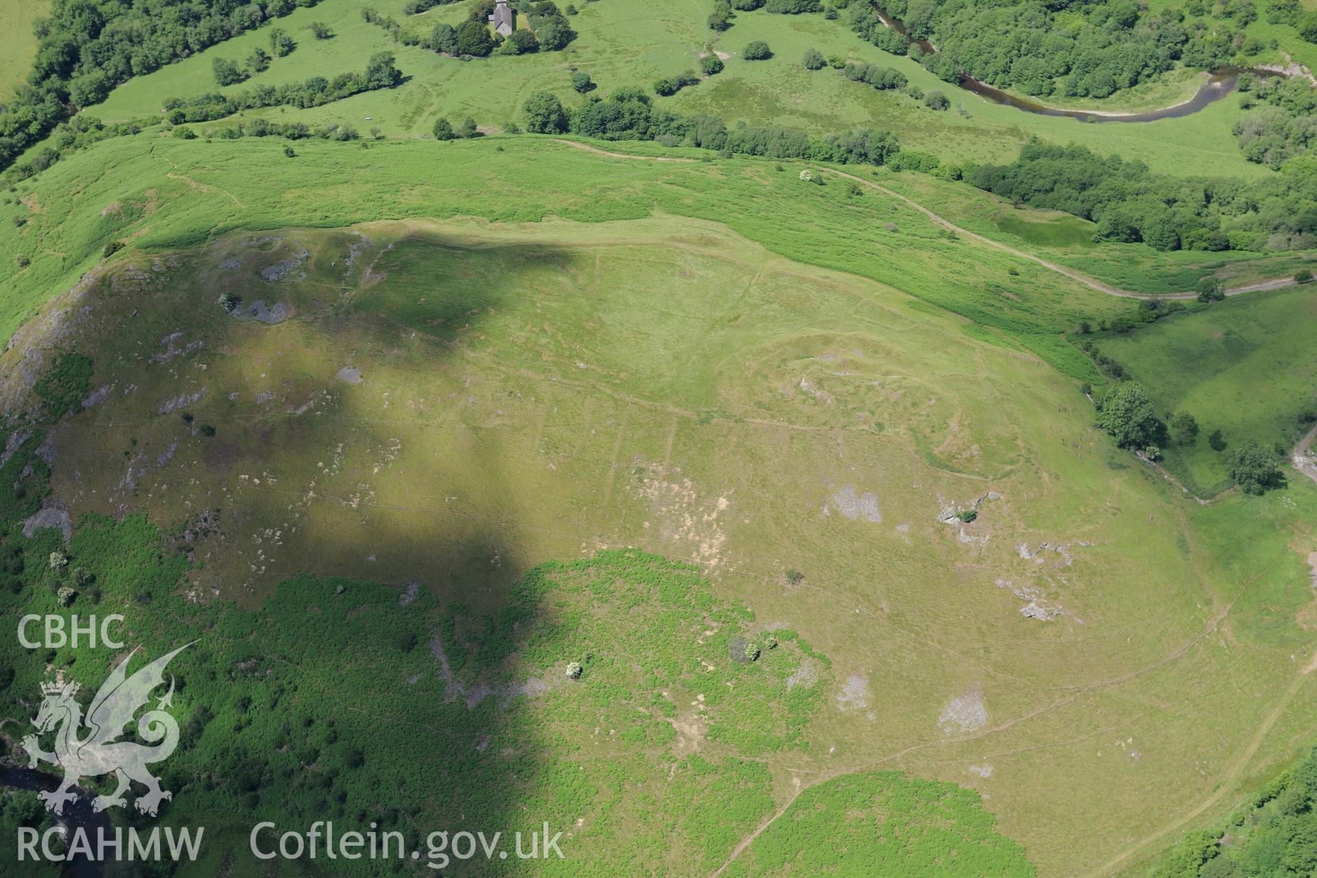 Site of the battle of Cefnllys and Cefnllys Castle, east of Llandrindod Wells. Oblique aerial photograph taken during the Royal Commission's programme of archaeological aerial reconnaissance by Toby Driver on 30th June 2015.