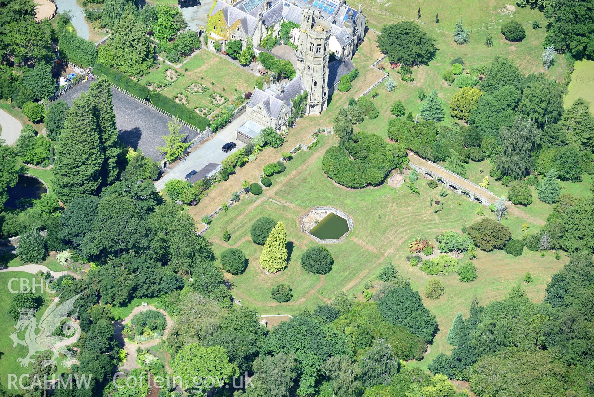 Royal Commission aerial photography of Leighton Hall, with garden parchmarks, taken on 19th July 2018 during the 2018 drought.