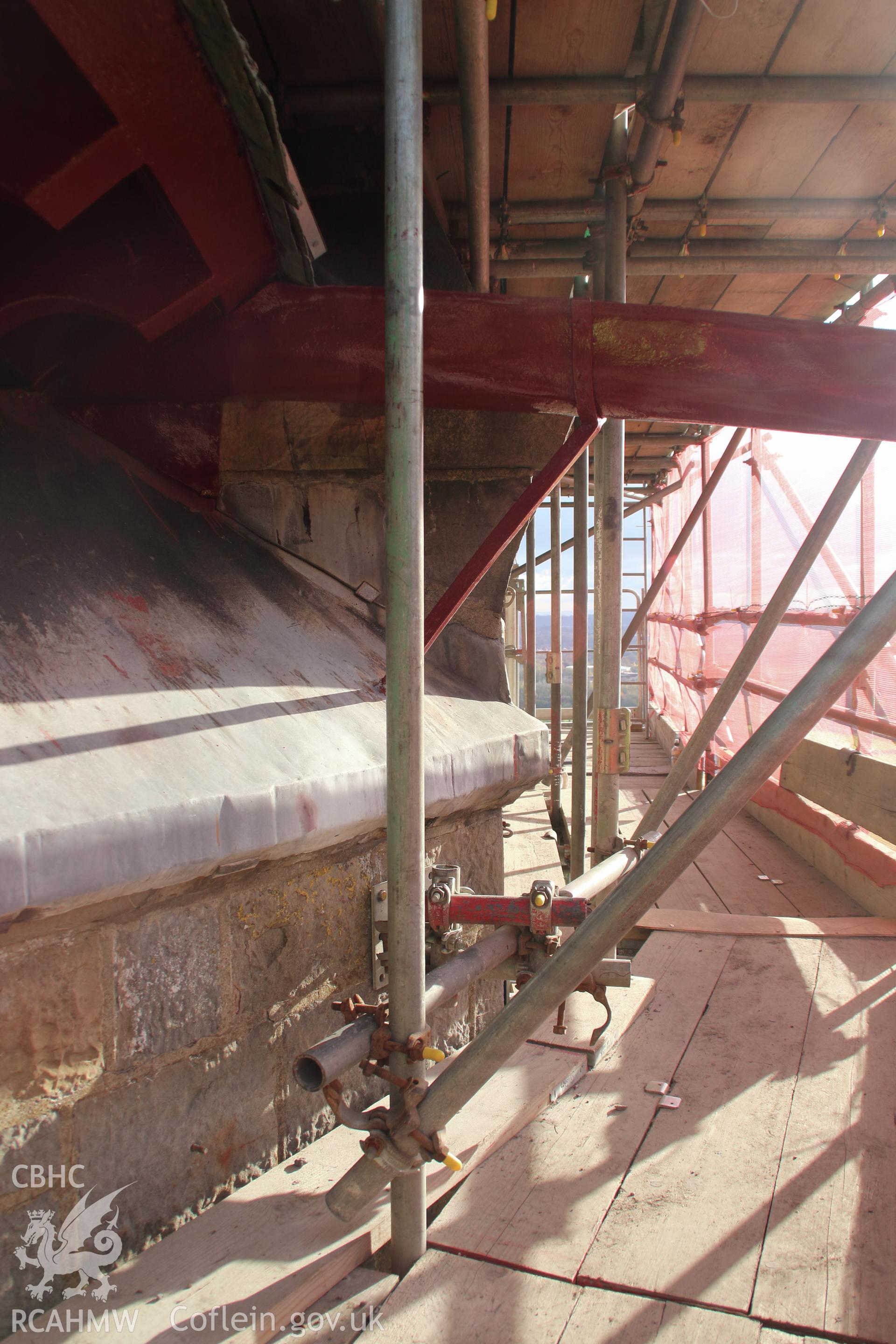 Scaffolding on tower wall during renovation, taken 3/4/2019. From "Castell Coch, Tongwynlais, Cardiff. Archaeological Building Investigation and Recording & Watching Brief" by Richard Scott Jones, Heritage Recording Services Wales. Report No 202.