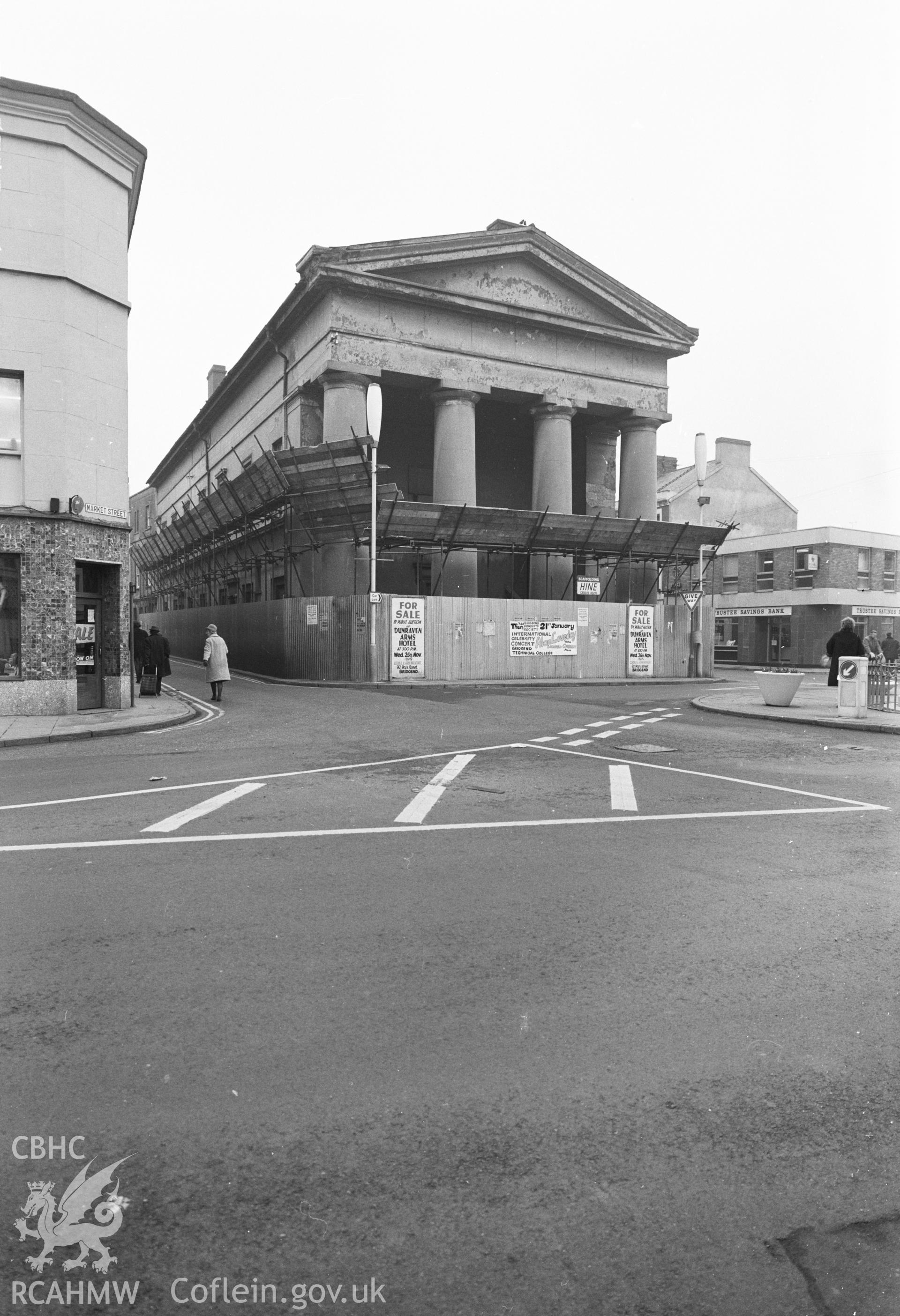 Digital copy of a black and white negative showing Bridgend Town Hall.