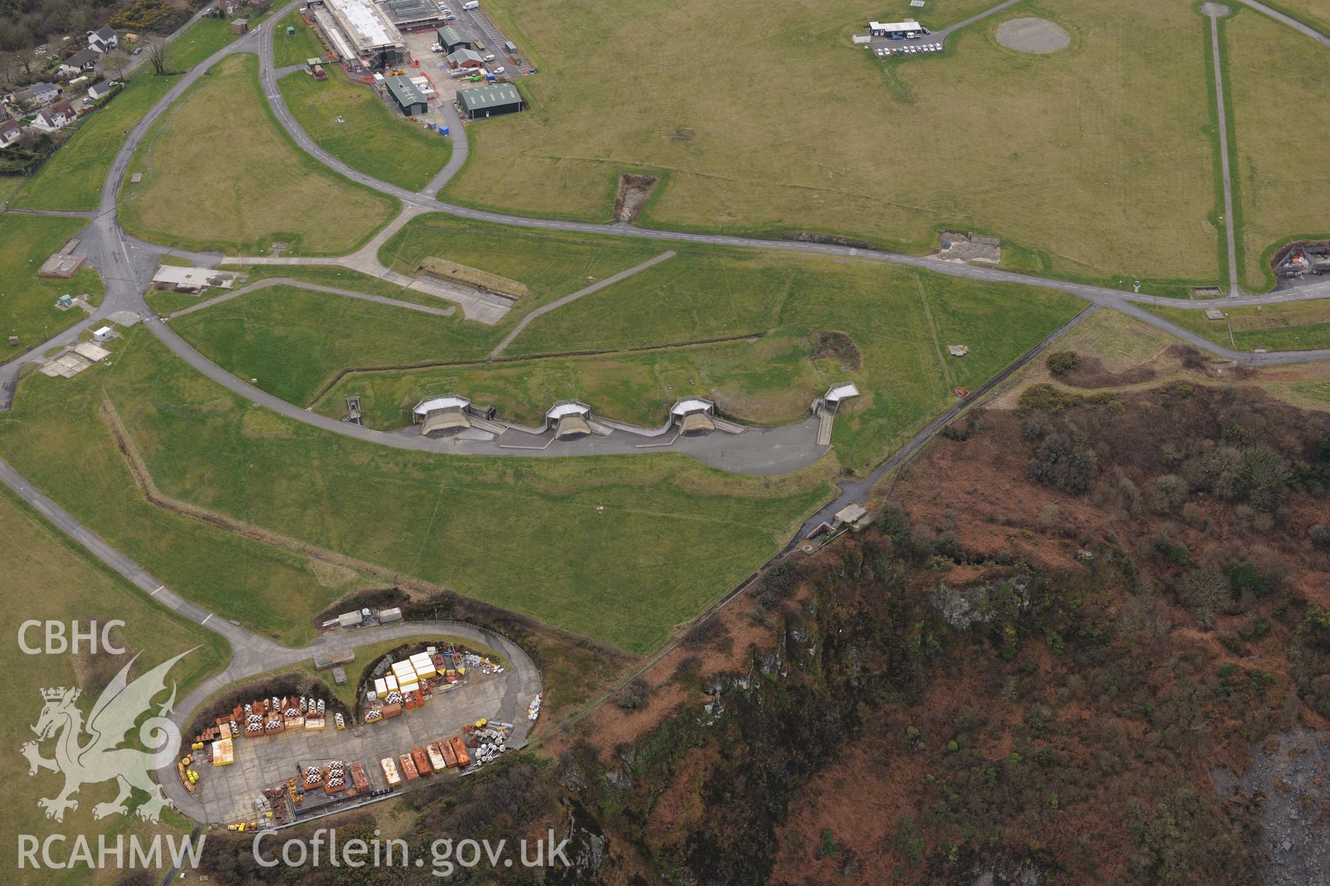 The Defence Evaluation and Research Agency base at Aberporth. Oblique aerial photograph taken during the Royal Commission's programme of archaeological aerial reconnaissance by Toby Driver on 13th March 2015.