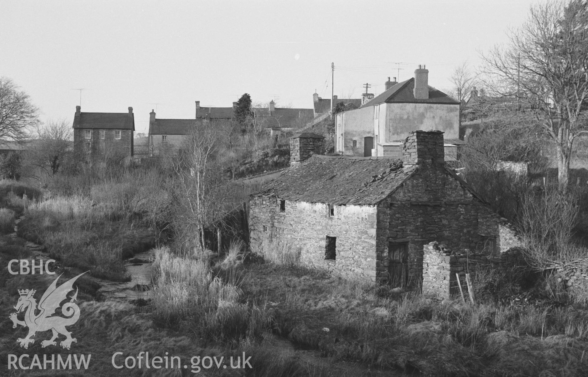 Digital copy of a black and white negative showing view of mill-house in Swyddffynnon, north of Tregaron. Photographed in December 1963 by Arthur O. Chater.