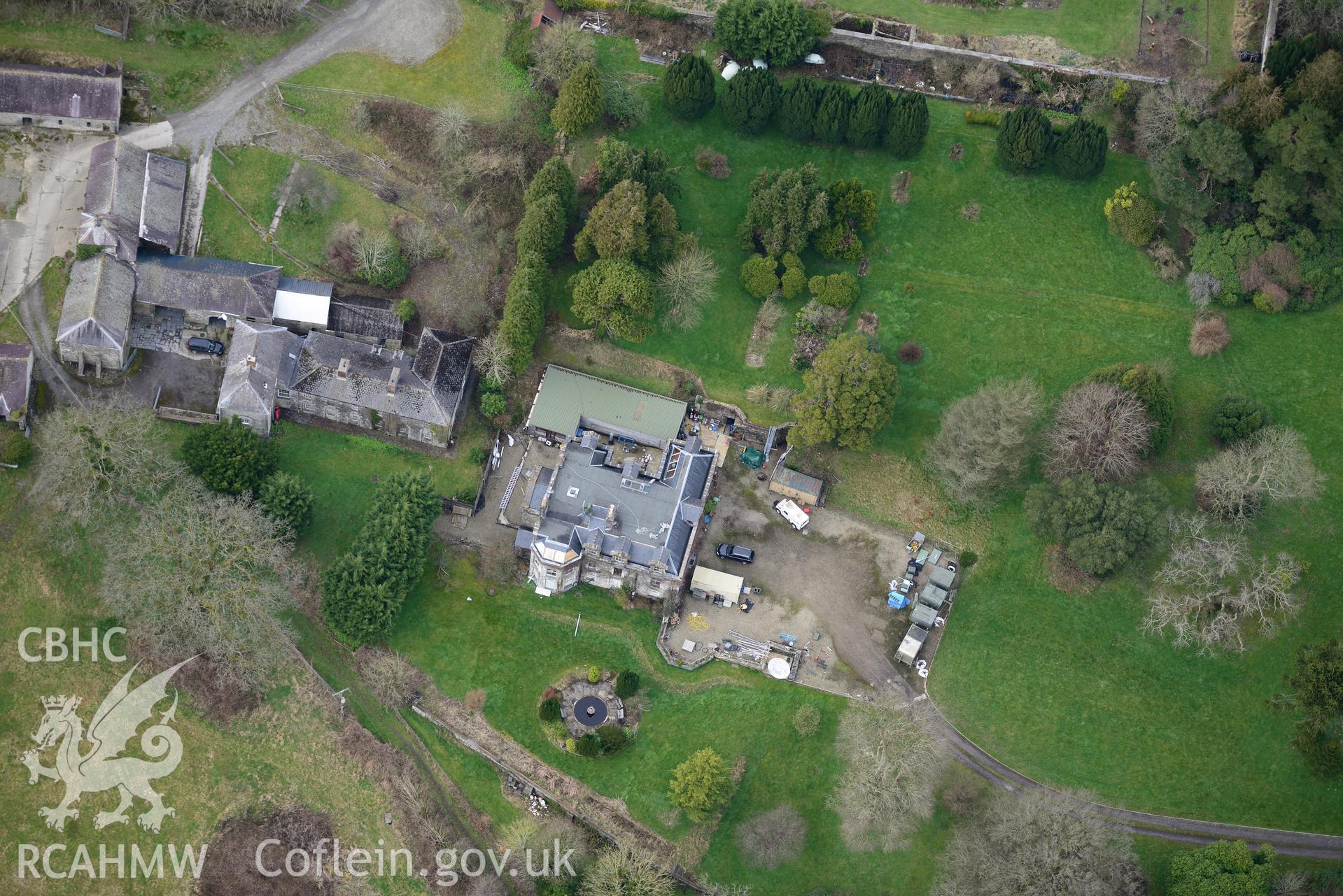 Pentre mansion and garden, farmhouse, farm and cottage, near Newchapel, Boncath. Oblique aerial photograph taken during the Royal Commission's programme of archaeological aerial reconnaissance by Toby Driver on 13th March 2015.