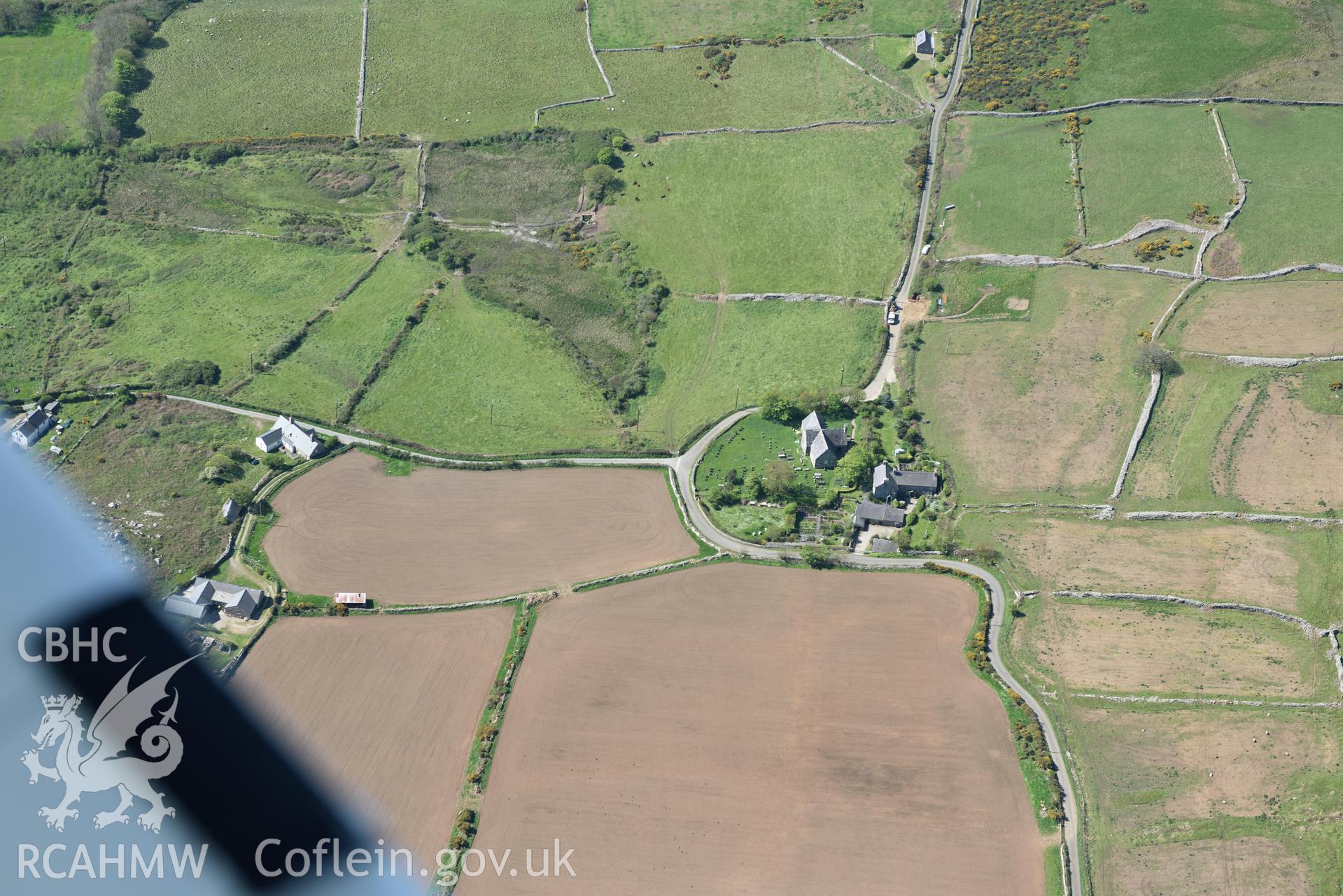 Aerial photography of St Aelrhiw's Church taken on 3rd May 2017.  Baseline aerial reconnaissance survey for the CHERISH Project. ? Crown: CHERISH PROJECT 2017. Produced with EU funds through the Ireland Wales Co-operation Programme 2014-2020. All material made freely available through the Open Government Licence.