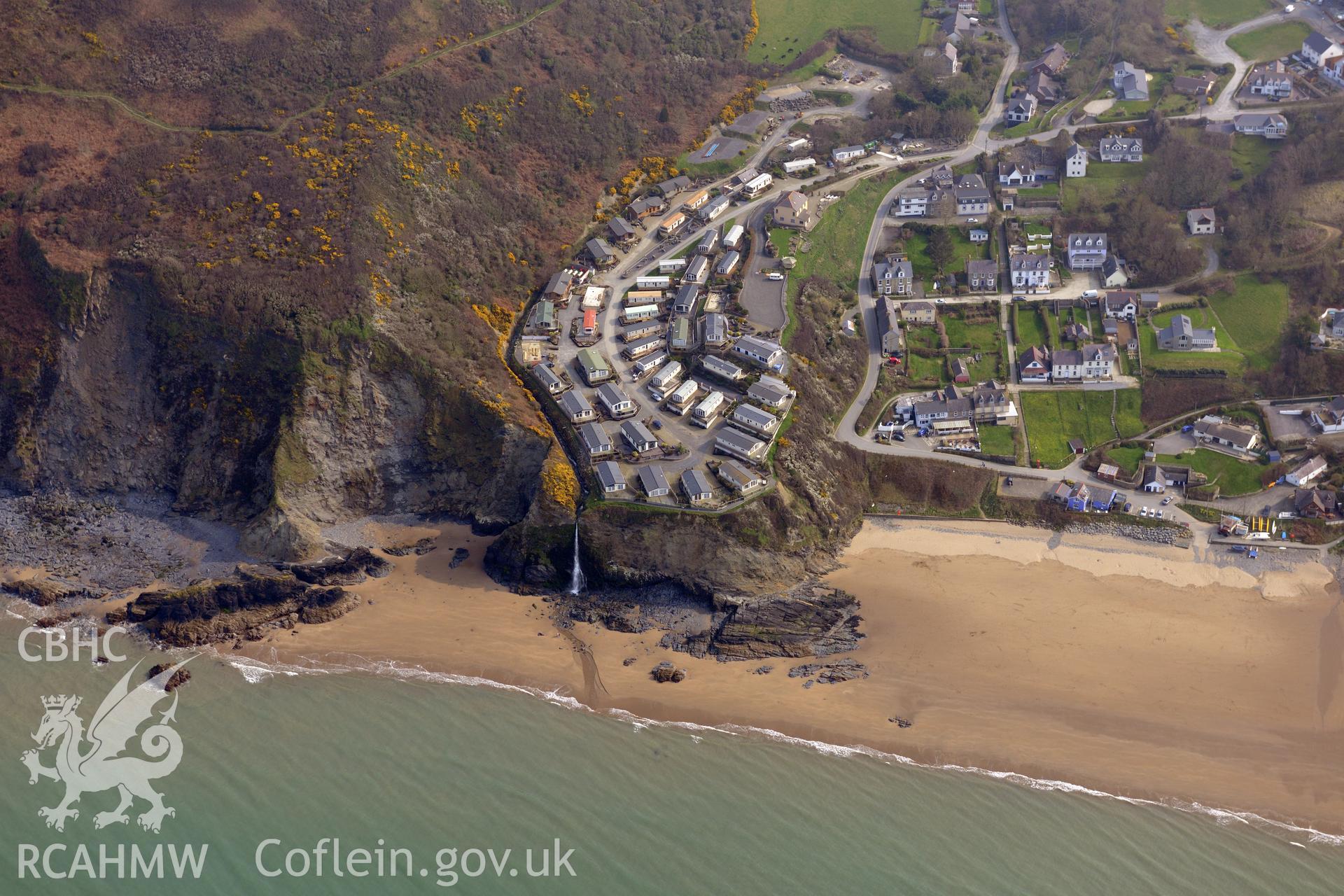 Aerial photography of Tresaith taken on 27th March 2017. Baseline aerial reconnaissance survey for the CHERISH Project. ? Crown: CHERISH PROJECT 2019. Produced with EU funds through the Ireland Wales Co-operation Programme 2014-2020. All material made freely available through the Open Government Licence.