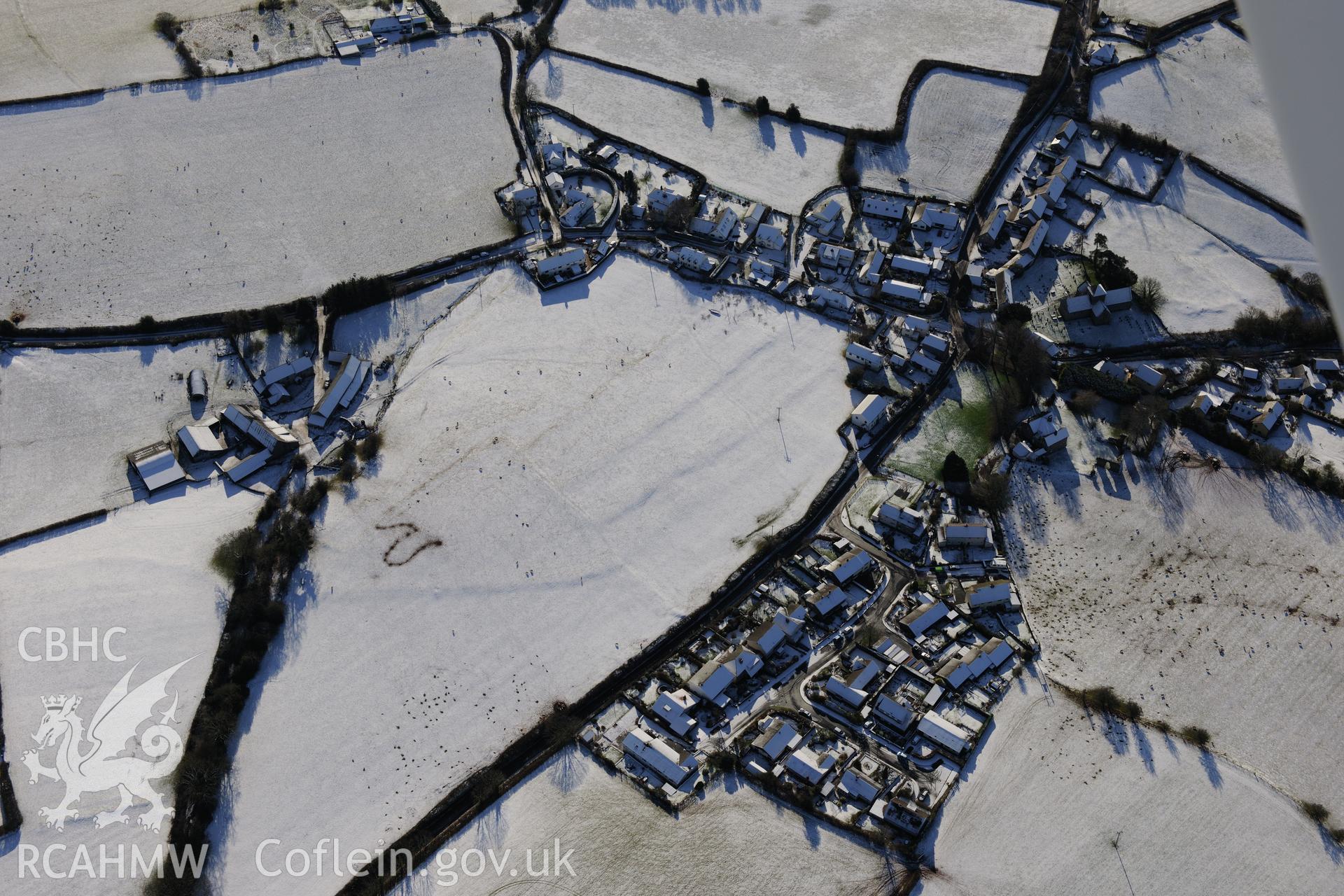 Llanddew medieval and later settlement, north of Brecon. Oblique aerial photograph taken during the Royal Commission?s programme of archaeological aerial reconnaissance by Toby Driver on 15th January 2013.