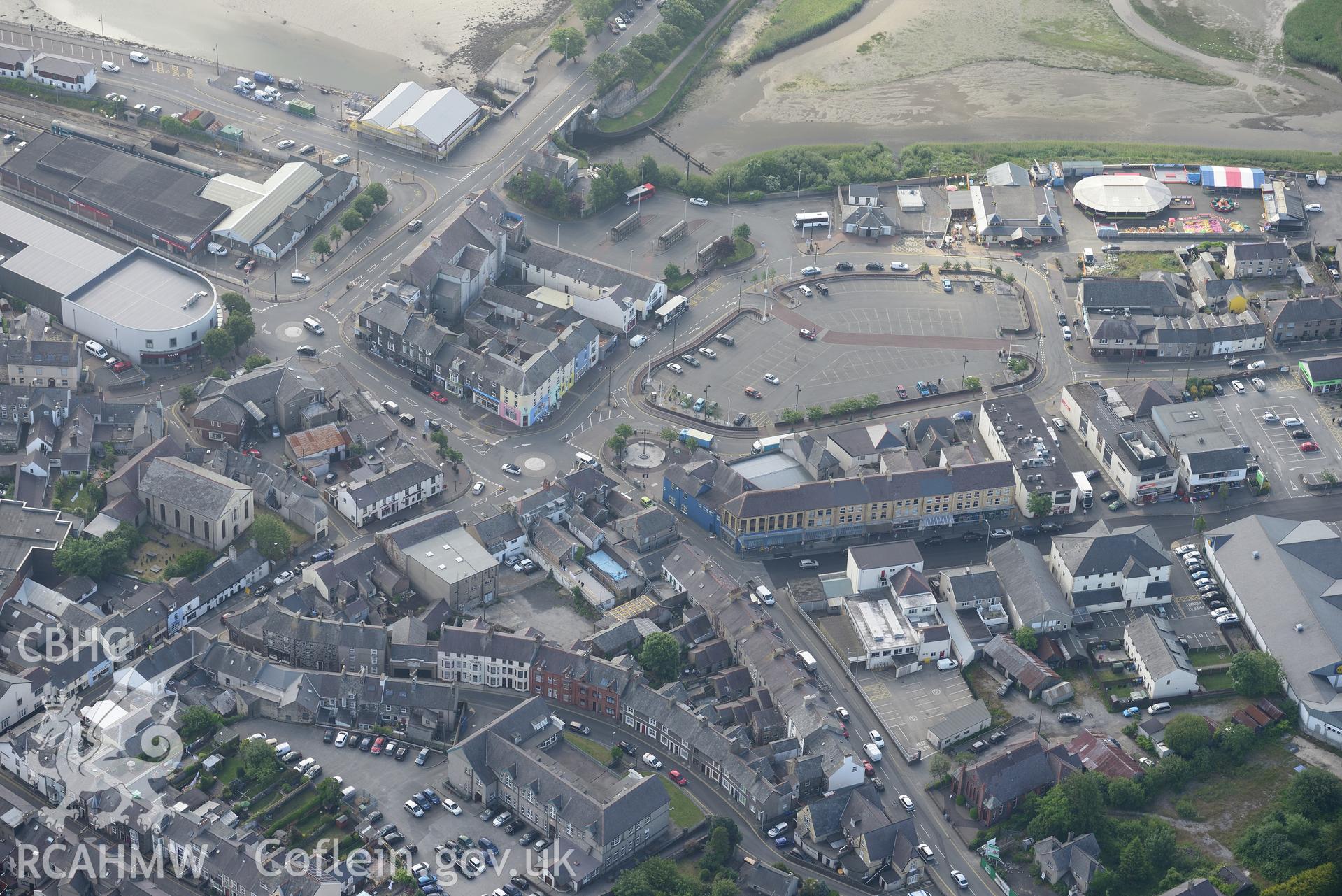 Pen-Lan Independent Chapel, Ala Road Presbyterian Church, Pwllheli railway station and Whitehall, Pwllheli. Oblique aerial photograph taken during the Royal Commission's programme of archaeological aerial reconnaissance by Toby Driver on 23rd June 2015.