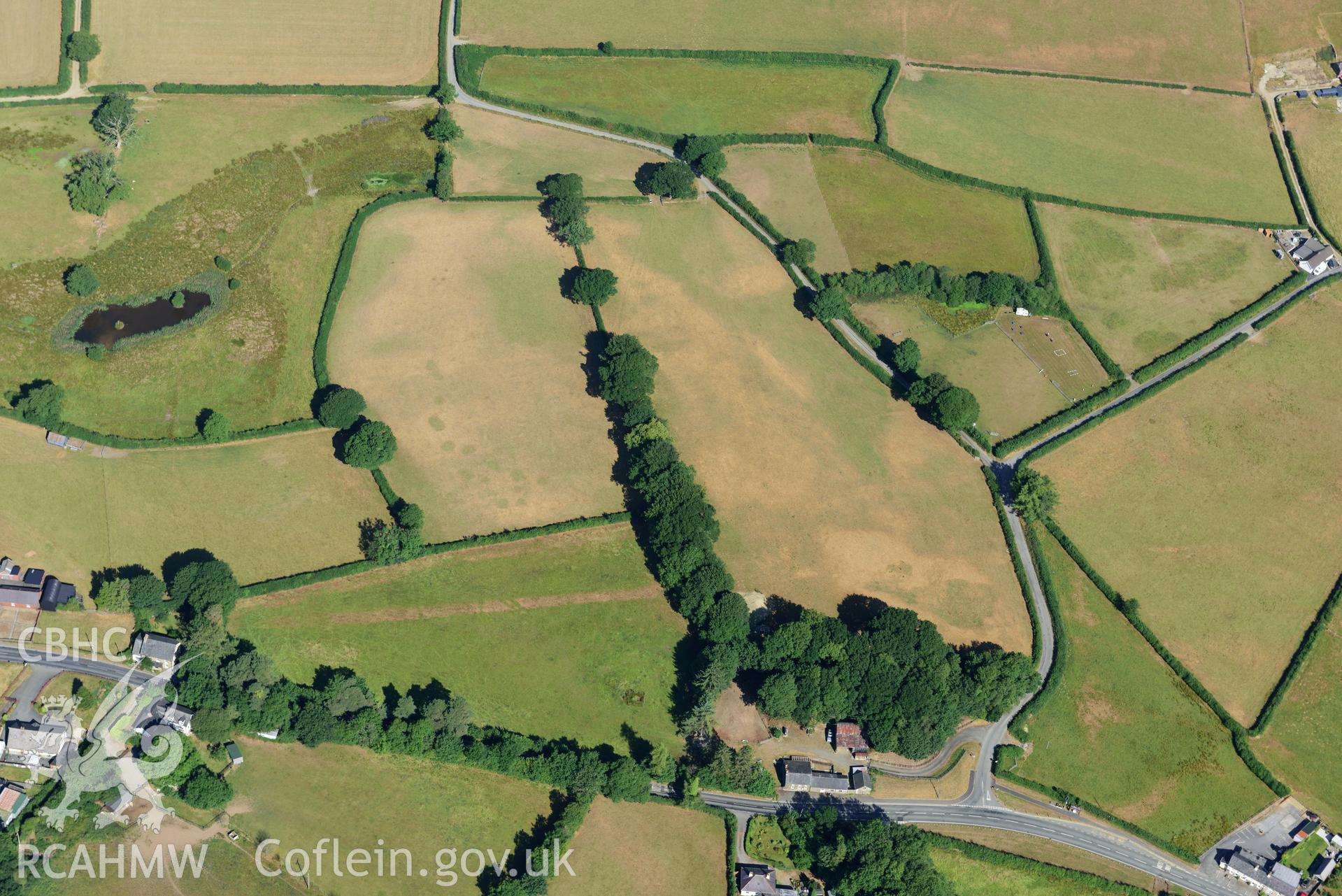 Royal Commission aerial photography of Roman road parchmarks at Aber-Giar or Ffynnon-drain taken on 19th July 2018 during the 2018 drought.