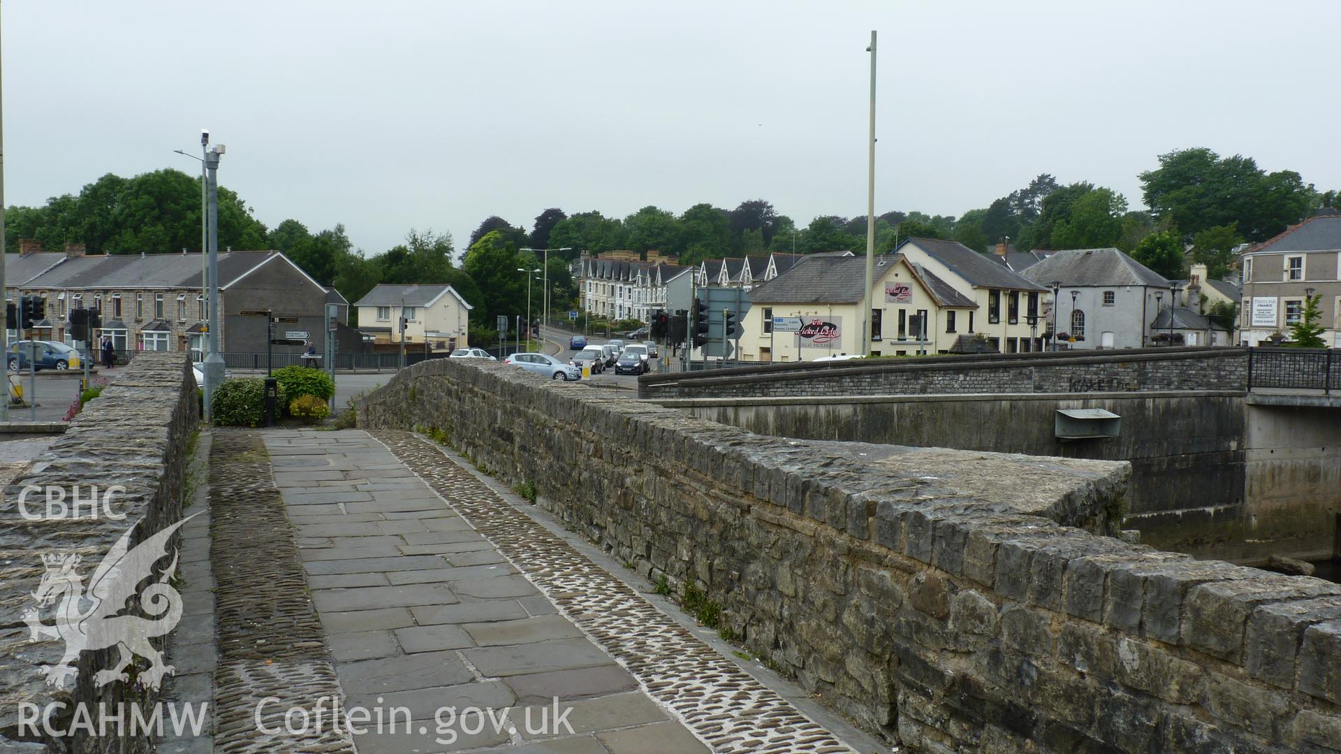 'View from Old Bridge over the river Ogwr in Bridgend.' Photographed as part of archaeological work at Coed Parc, Newcastle, Bridgend, carried out by Archaeology Wales, 2016. Project no. P2432.