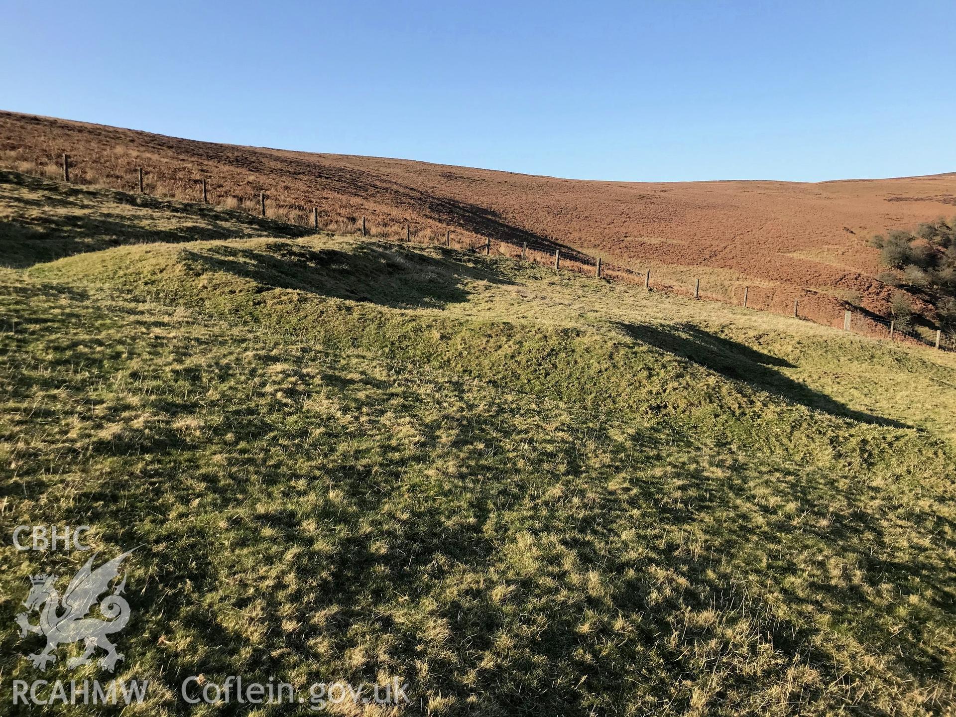 Colour photograph of Cwm-Twrch medieval platform settlement, Glascwm, north east of Builth Wells, taken by Paul R. Davis on 26th February 2019.