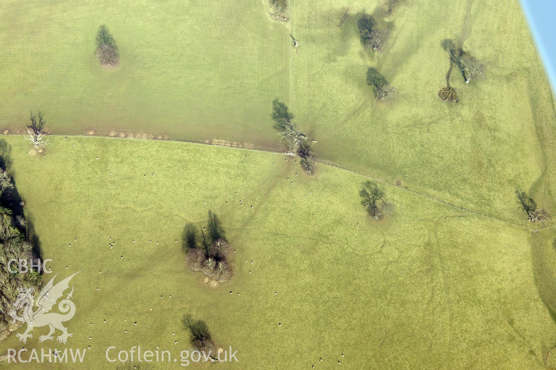 The south-eastern group of Bodelwyddan Park army practise trenches, at Bryn-Celyn, west of St. Asaph. Oblique aerial photograph taken during the Royal Commission?s programme of archaeological aerial reconnaissance by Toby Driver on 28th February 2013.