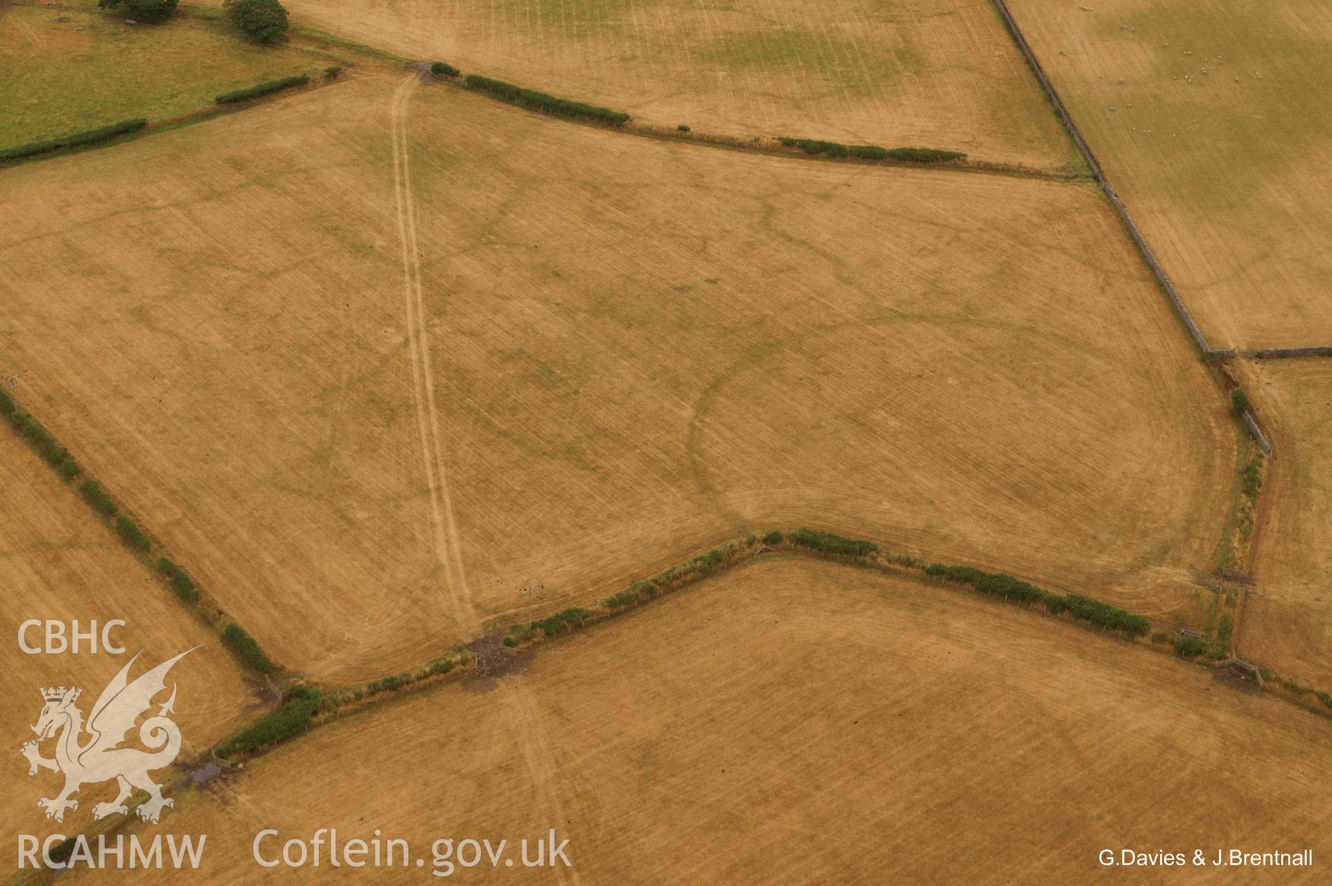 Aerial photograph of enclosure complex west of Gwyddelfynydd, taken by Glyn Davies & Jonathan Brentnall under drought conditions 15/07/2018.This photograph is the original, see BDC_01_02_01 for modified version which enhances visibility of the archaeology.