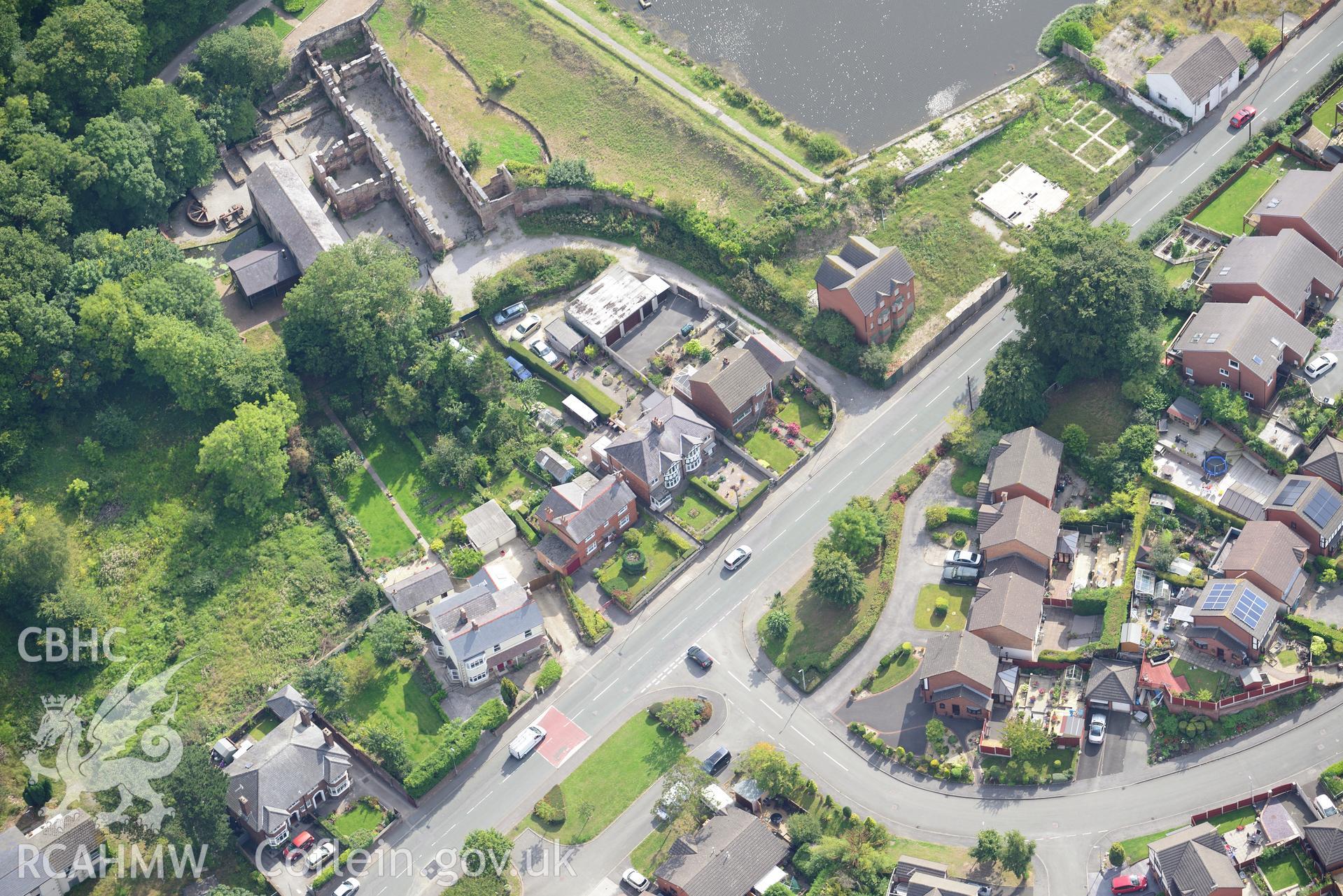 Lower Cotton Mill, Greenfield Valley Heritage Park, Holywell. Oblique aerial photograph taken during the Royal Commission's programme of archaeological aerial reconnaissance by Toby Driver on 11th September 2015.