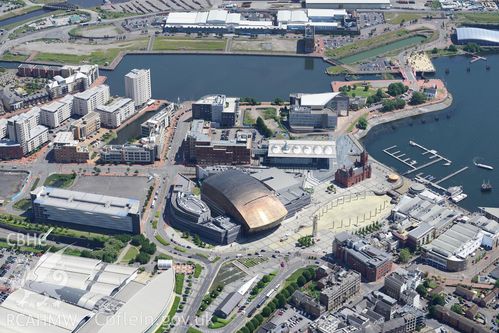 Crickhowell House, Pierhead Building, Senedd; Millennium Centre, Red Dragon Centre, Roath Lock & BBC studios,Cardiff Bay.Oblique aerial photograph taken during Royal Commission's programme of archaeological aerial reconnaissance by Toby Driver, 29/06/2015.