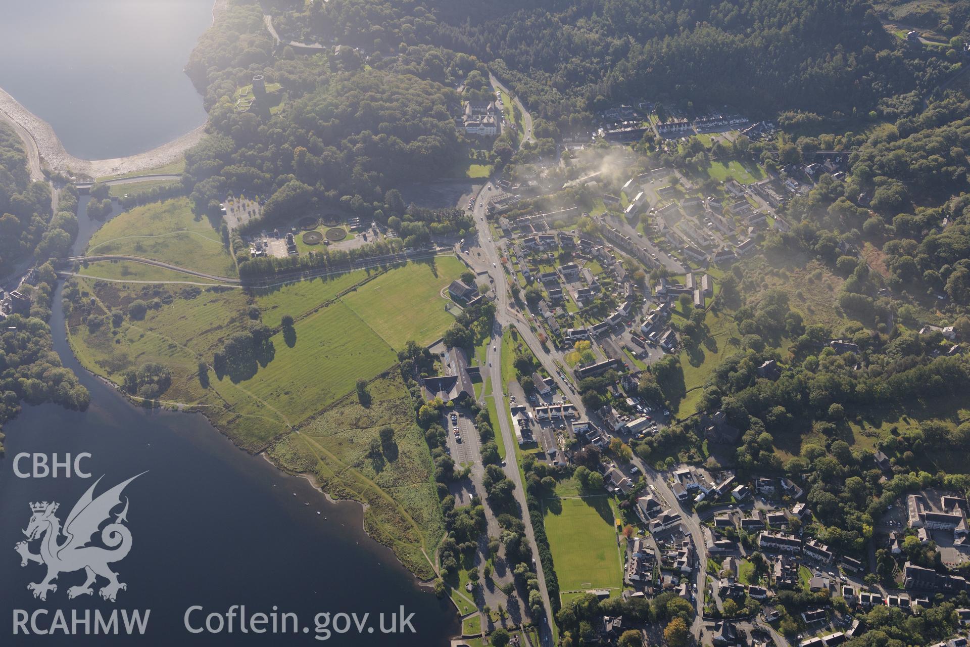 Llanberis, on the shore of Llyn Padarn and Llyn Peris. Oblique aerial photograph taken during the Royal Commission's programme of archaeological aerial reconnaissance by Toby Driver on 2nd October 2015.