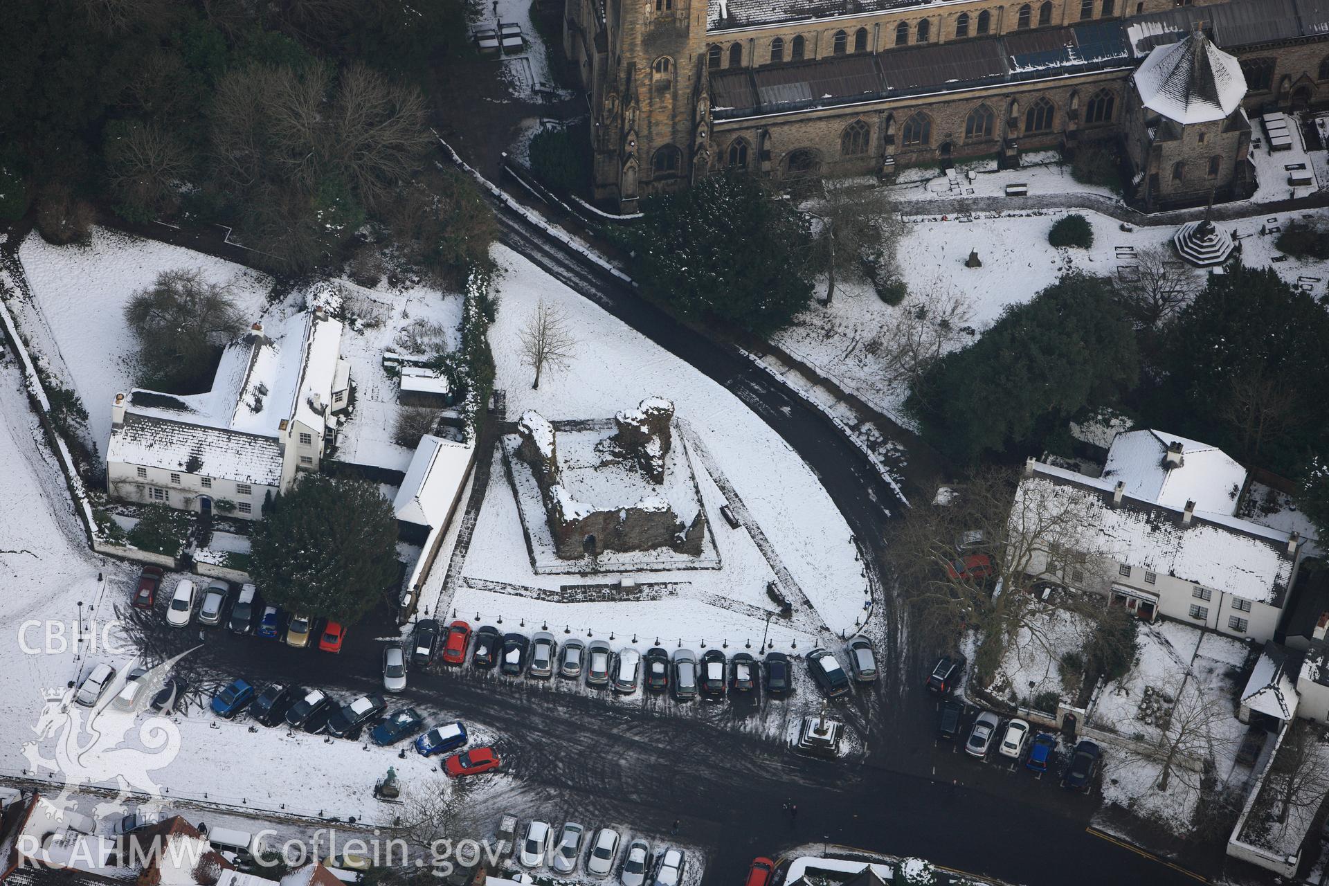 Llandaff Cathedral, Llandaff Cathedral bell tower and the Old Choir college, Llandaff, Cardiff. Oblique aerial photograph taken during the Royal Commission?s programme of archaeological aerial reconnaissance by Toby Driver on 24th January 2013.