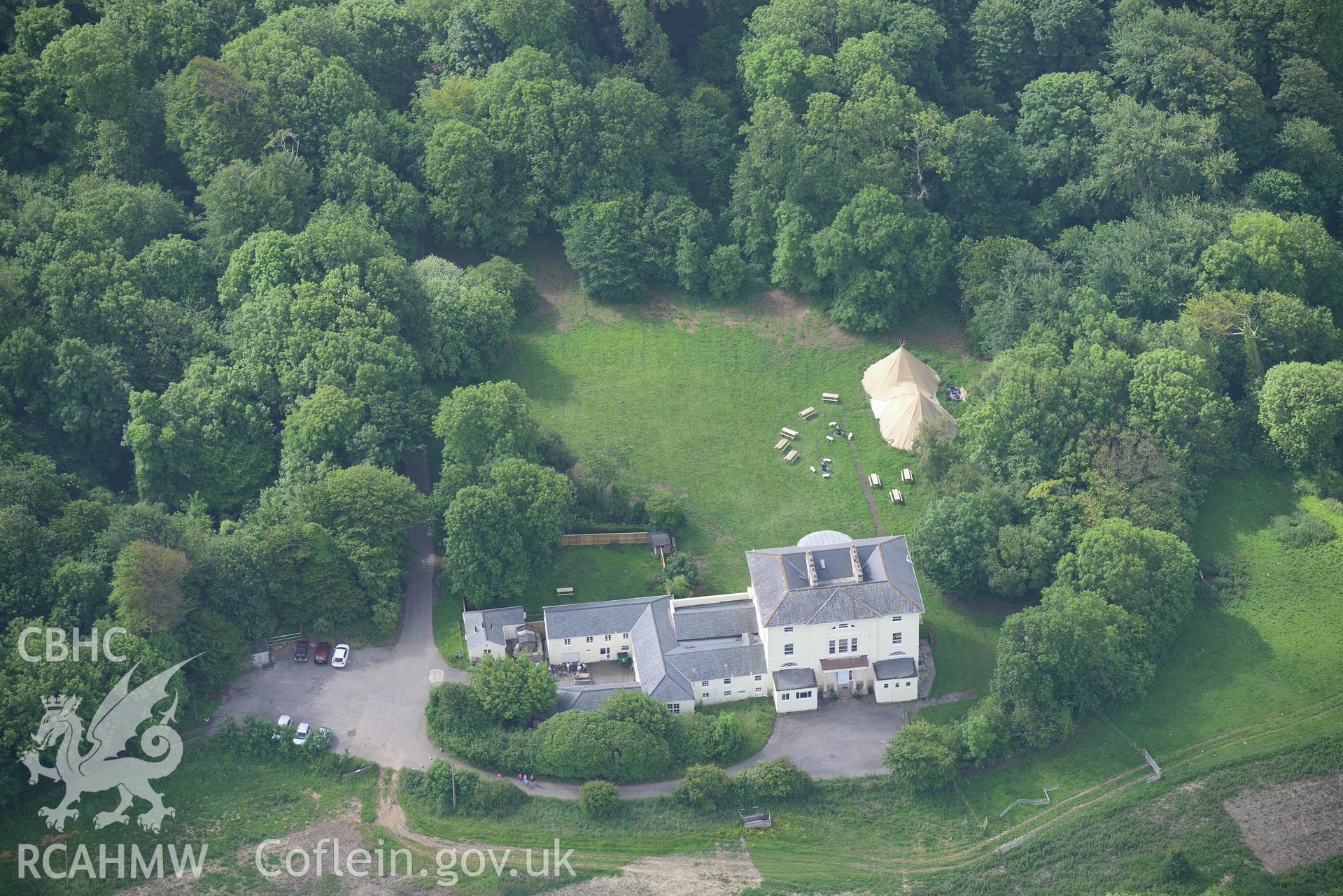 Stout Hall house and garden, Reynoldston. Oblique aerial photograph taken during the Royal Commission's programme of archaeological aerial reconnaissance by Toby Driver on 19th June 2015.