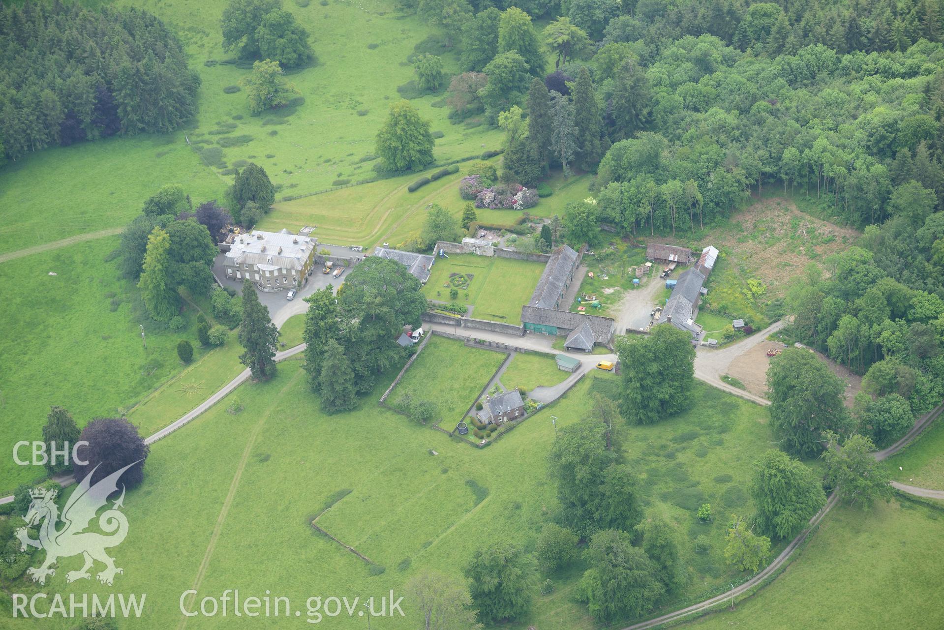 Cefn Dyrys estate including home farm, garden, stables and garden cottage, near Builth Wells. Oblique aerial photograph taken during the Royal Commission's programme of archaeological aerial reconnaissance by Toby Driver on 11th June 2015.