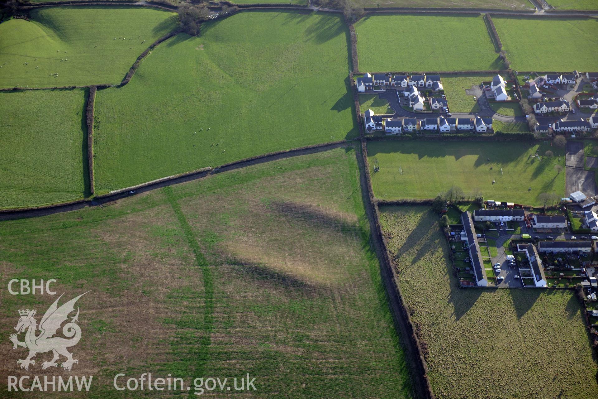 Y Gaer, Clynderwen or Ffynnon Brodyr Enclosure. Oblique aerial photograph taken during the Royal Commission's programme of archaeological aerial reconnaissance by Toby Driver on 6th January 2015.