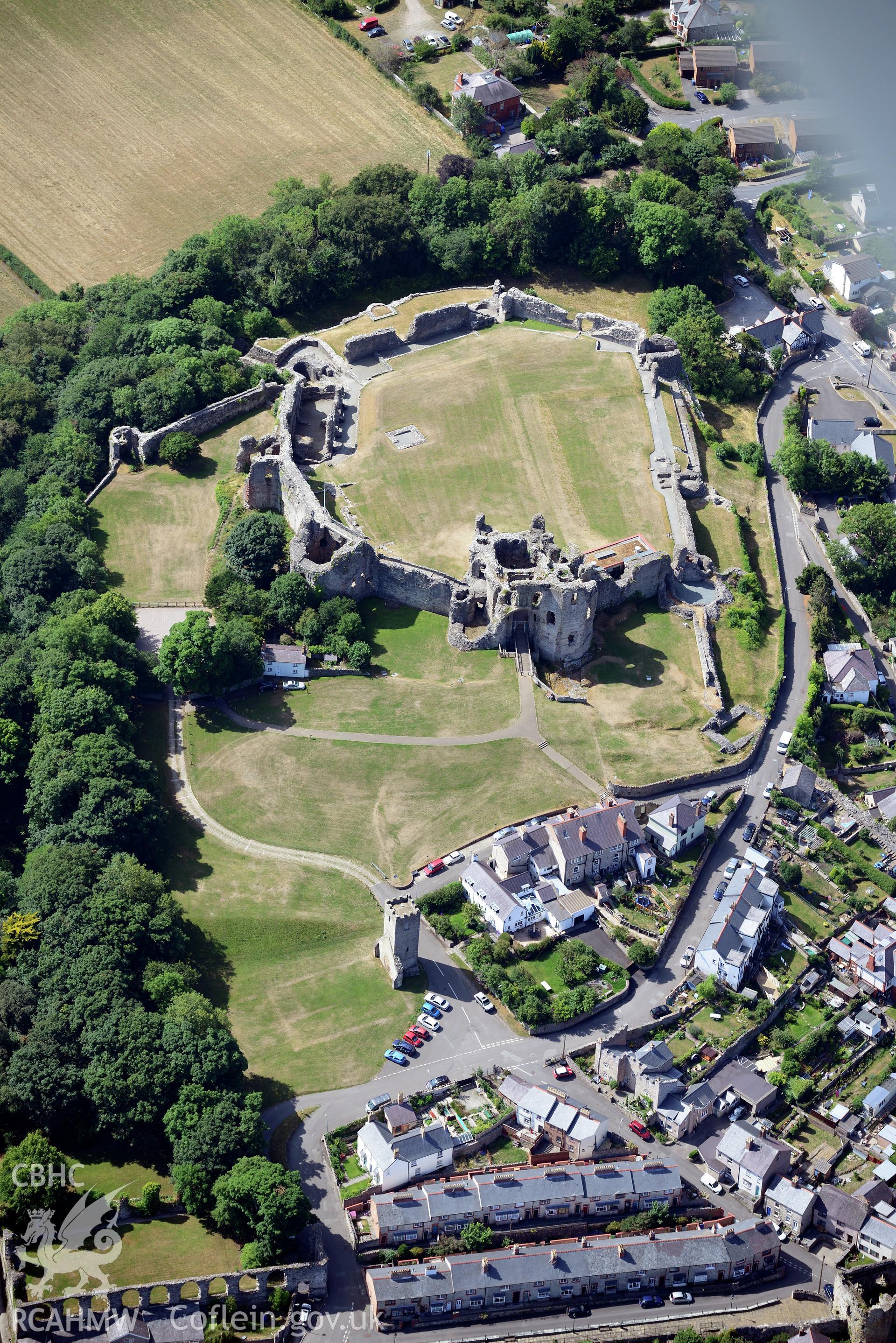 Royal Commission aerial photography of Denbigh Castle with extensive parchmarks taken on 19th July 2018 during the 2018 drought.