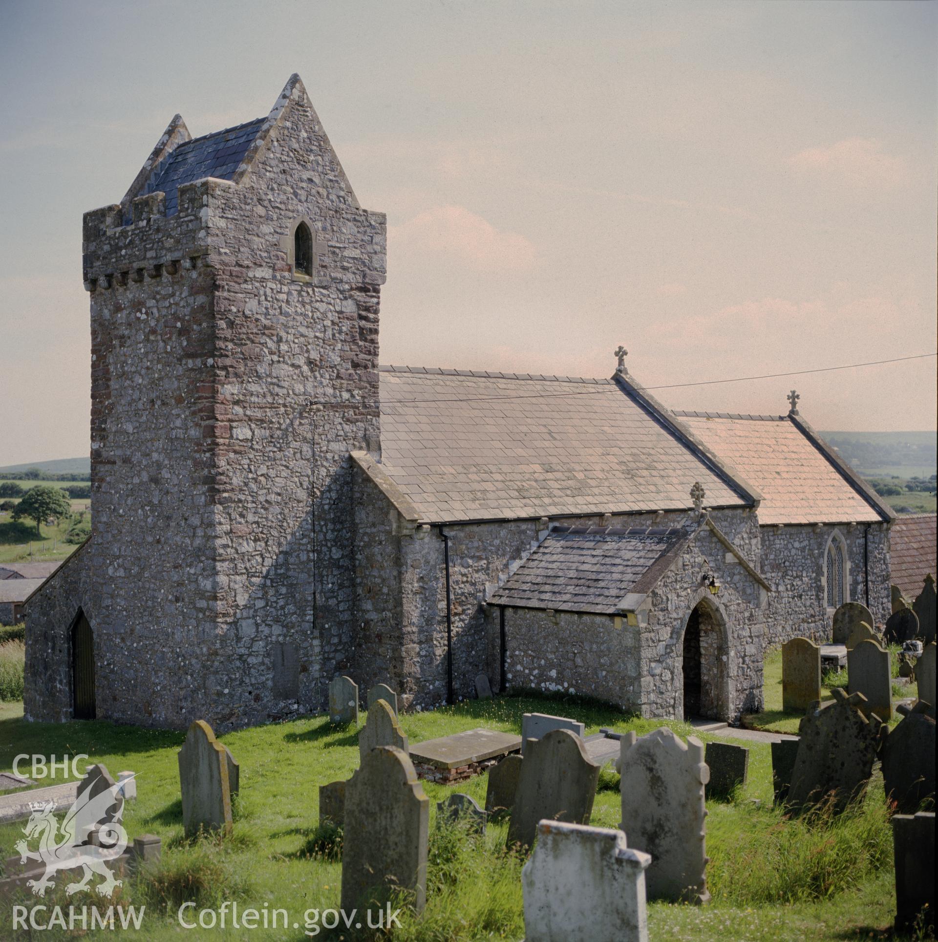 Digital copy of a colour negative showing view of Llanddewi Parish Church, 1987.