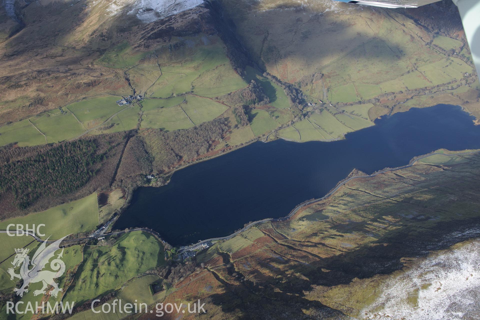 Tal-y-Llyn lake, south of Dolgellau. Oblique aerial photograph taken during the Royal Commission's programme of archaeological aerial reconnaissance by Toby Driver on 4th February 2015.