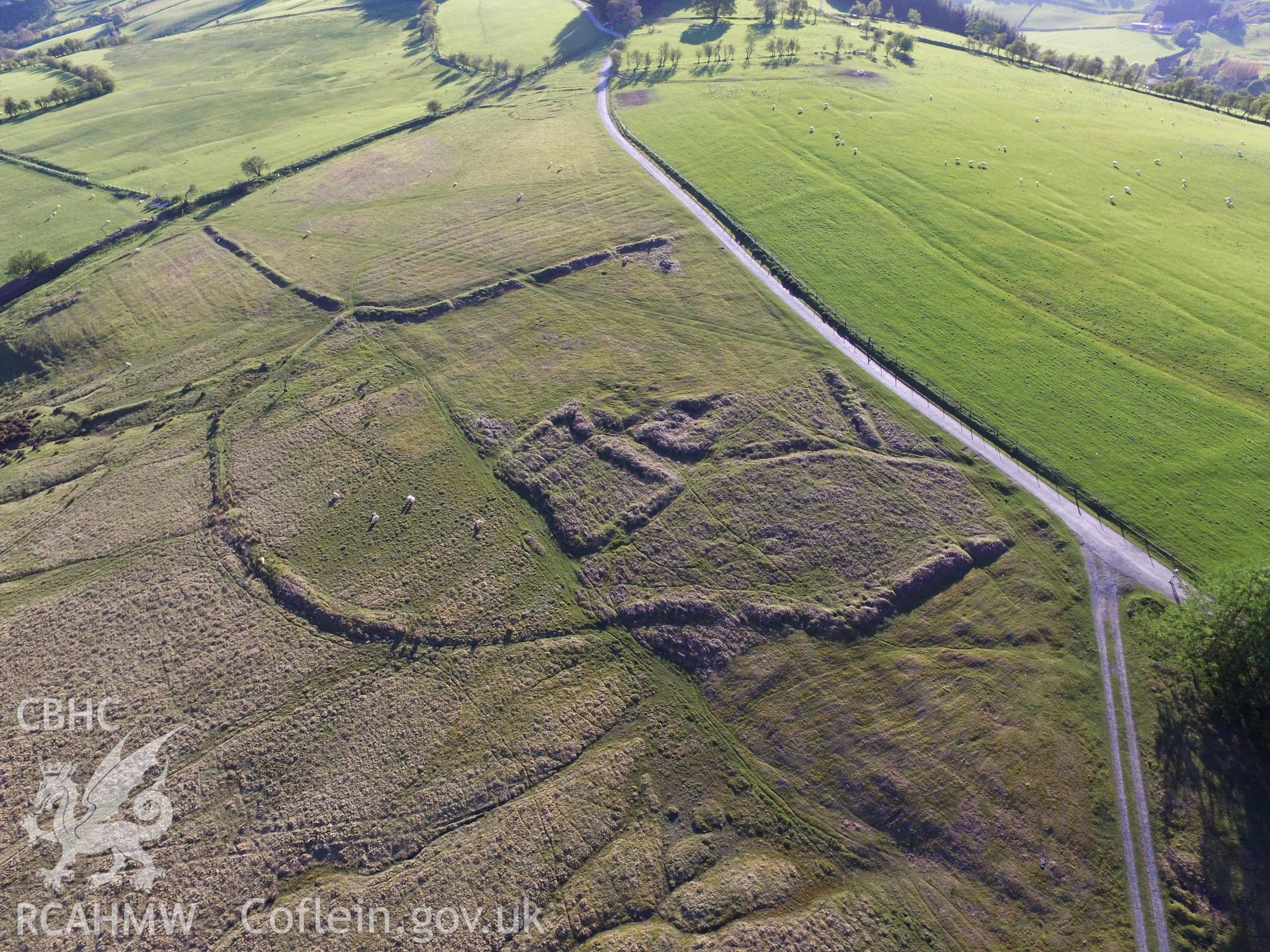 Colour photo showing aerial view of deserted rural settlement at Fron Top, Llanbister, taken by Paul R. Davis, 13th May 2018.