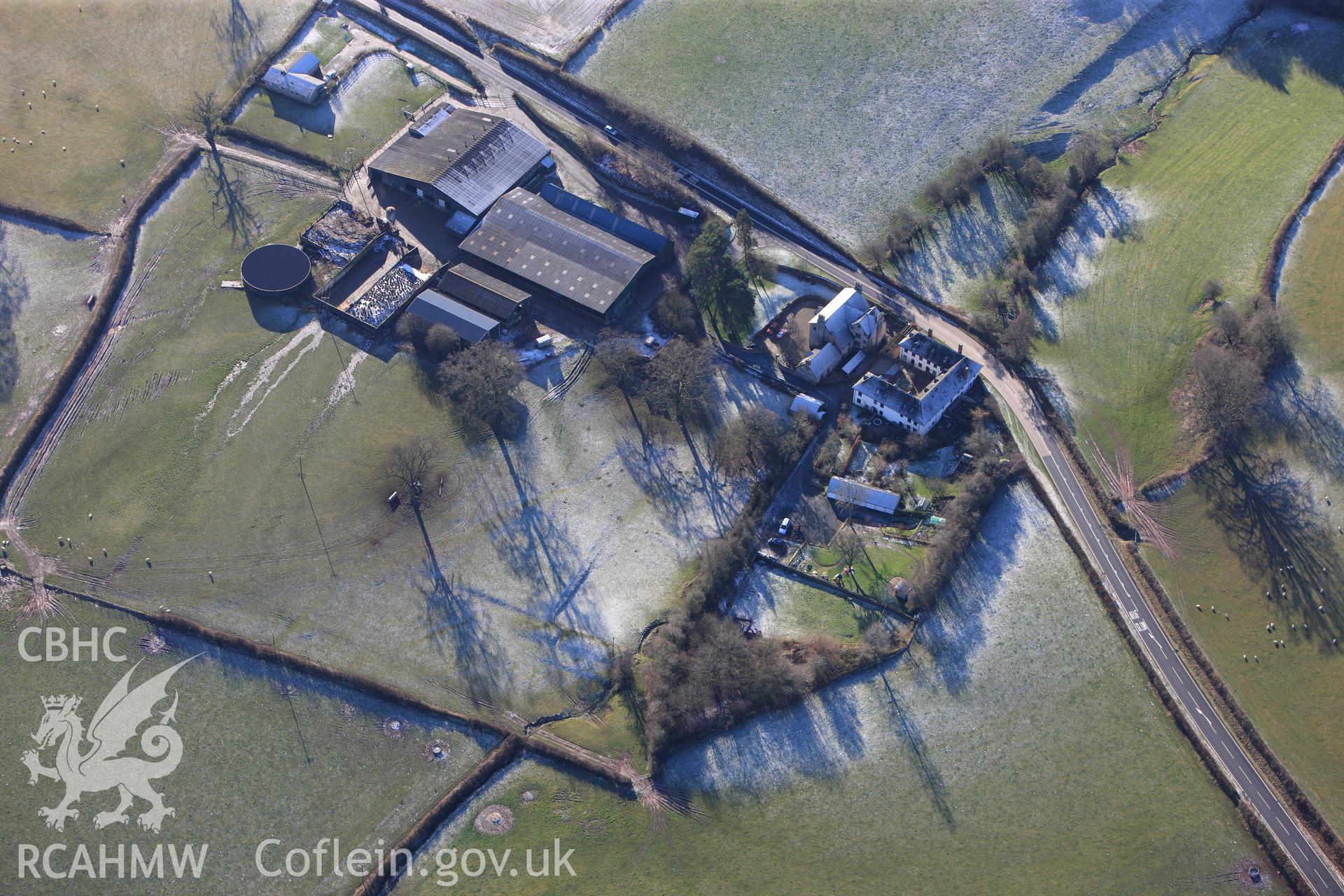 Trebarries mansion with its associated gardens and stable block, north west of Talgarth, Breconshire. Oblique aerial photograph taken during the Royal Commission?s programme of archaeological aerial reconnaissance by Toby Driver on 15th January 2013.