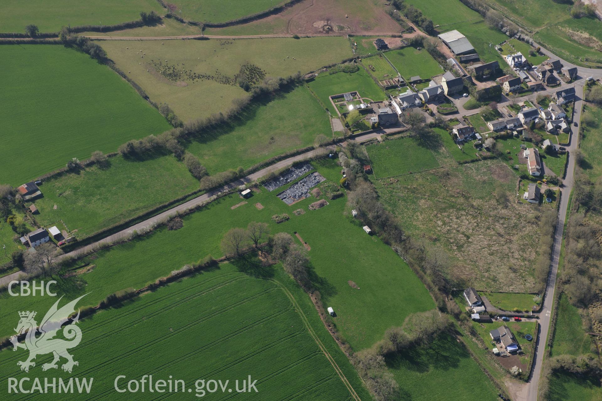 Excavations south of Trellech. Oblique aerial photograph taken during the Royal Commission's programme of archaeological aerial reconnaissance by Toby Driver on 21st April 2015.