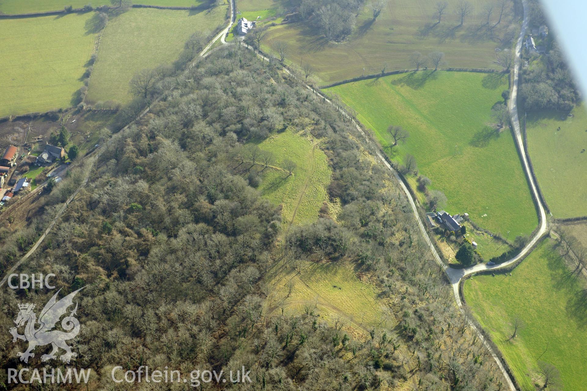 Bedd-y-Cawr defended enclosure, south west of St. Asaph. Oblique aerial photograph taken during the Royal Commission?s programme of archaeological aerial reconnaissance by Toby Driver on 28th February 2013.