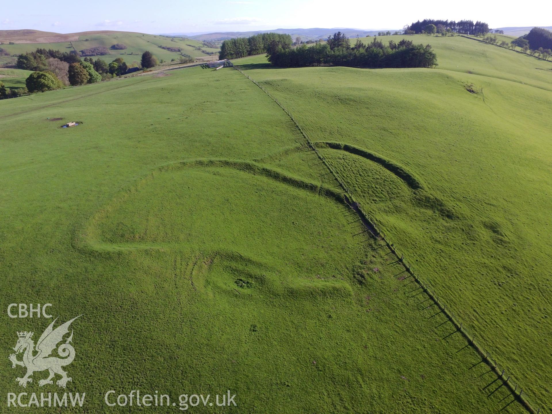 Colour photo showing view of settlement at Castell-y-Blaidd, Llanbadarn Fynydd in it's surroundings, taken by Paul R. Davis, 13th May 2018.