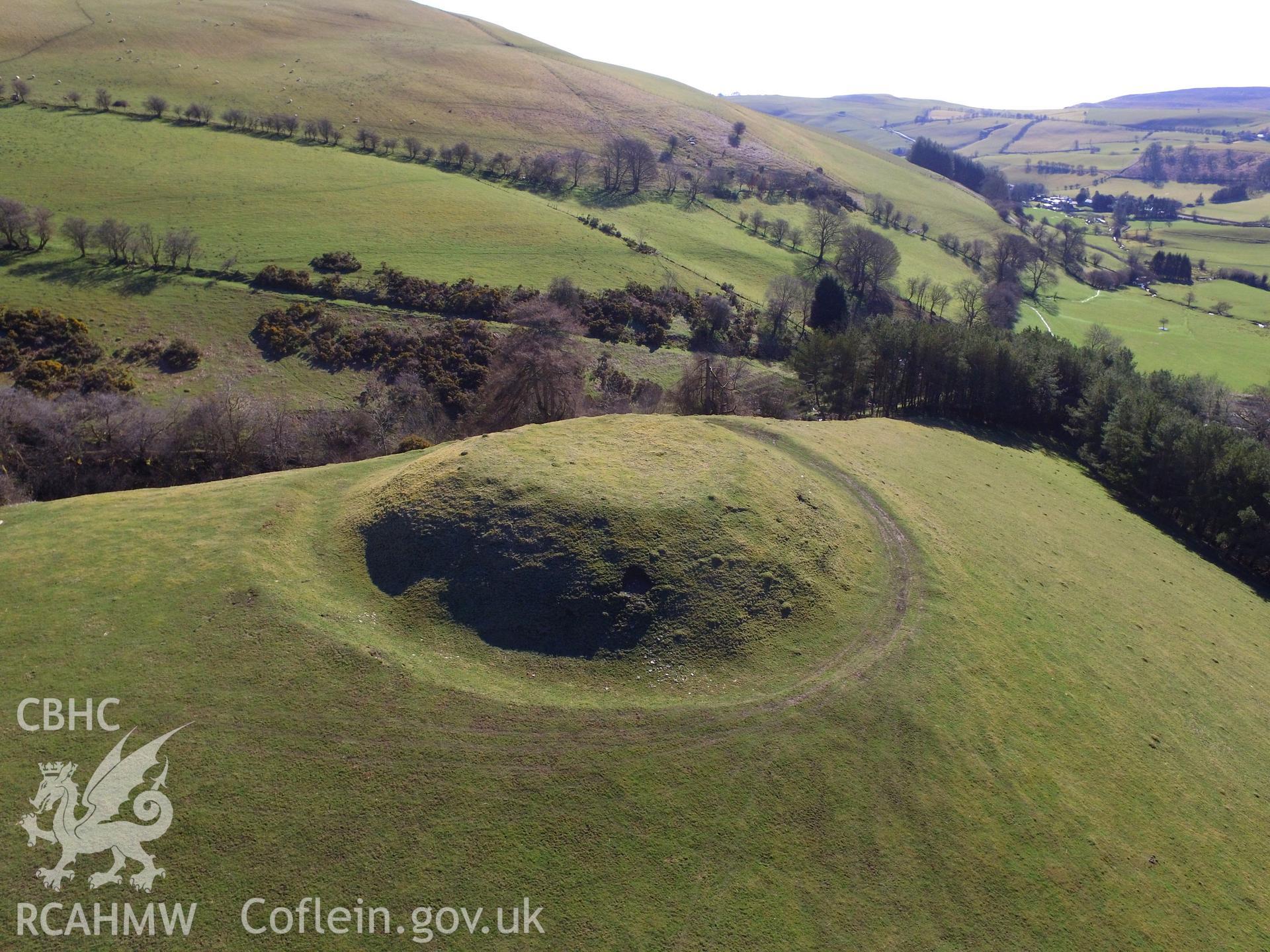 Colour photo showing view of Tomen Castle, New Radnor, taken by Paul R. Davis, 2018.