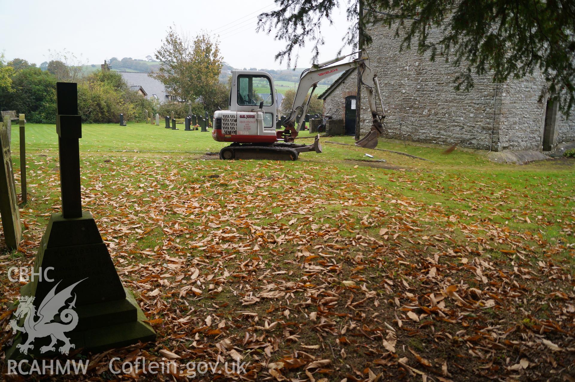 'General view looking north northwest with the irregular linear mound in centre of the photo. The origins of this mound are not known.' at St. Mary's, Gladestry, Powys. Photograph & description by Jenny Hall & Paul Sambrook of Trysor, 16th October 2017.